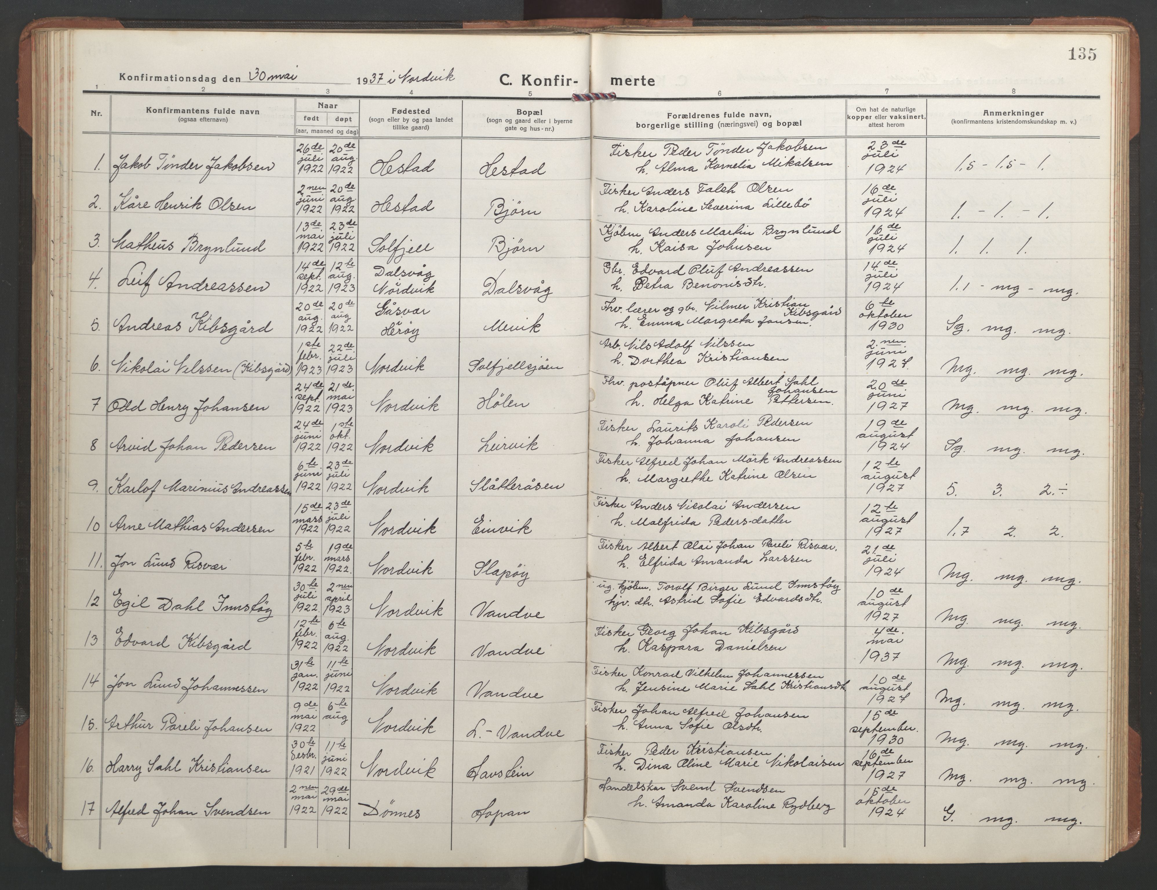 Ministerialprotokoller, klokkerbøker og fødselsregistre - Nordland, AV/SAT-A-1459/836/L0539: Parish register (copy) no. 836C03, 1917-1949, p. 135