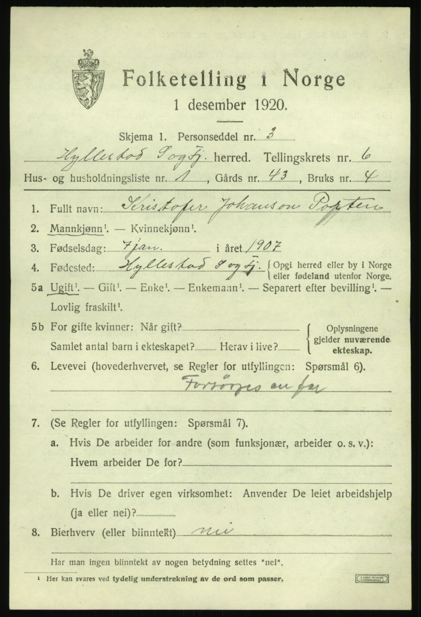 SAB, 1920 census for Hyllestad, 1920, p. 2674