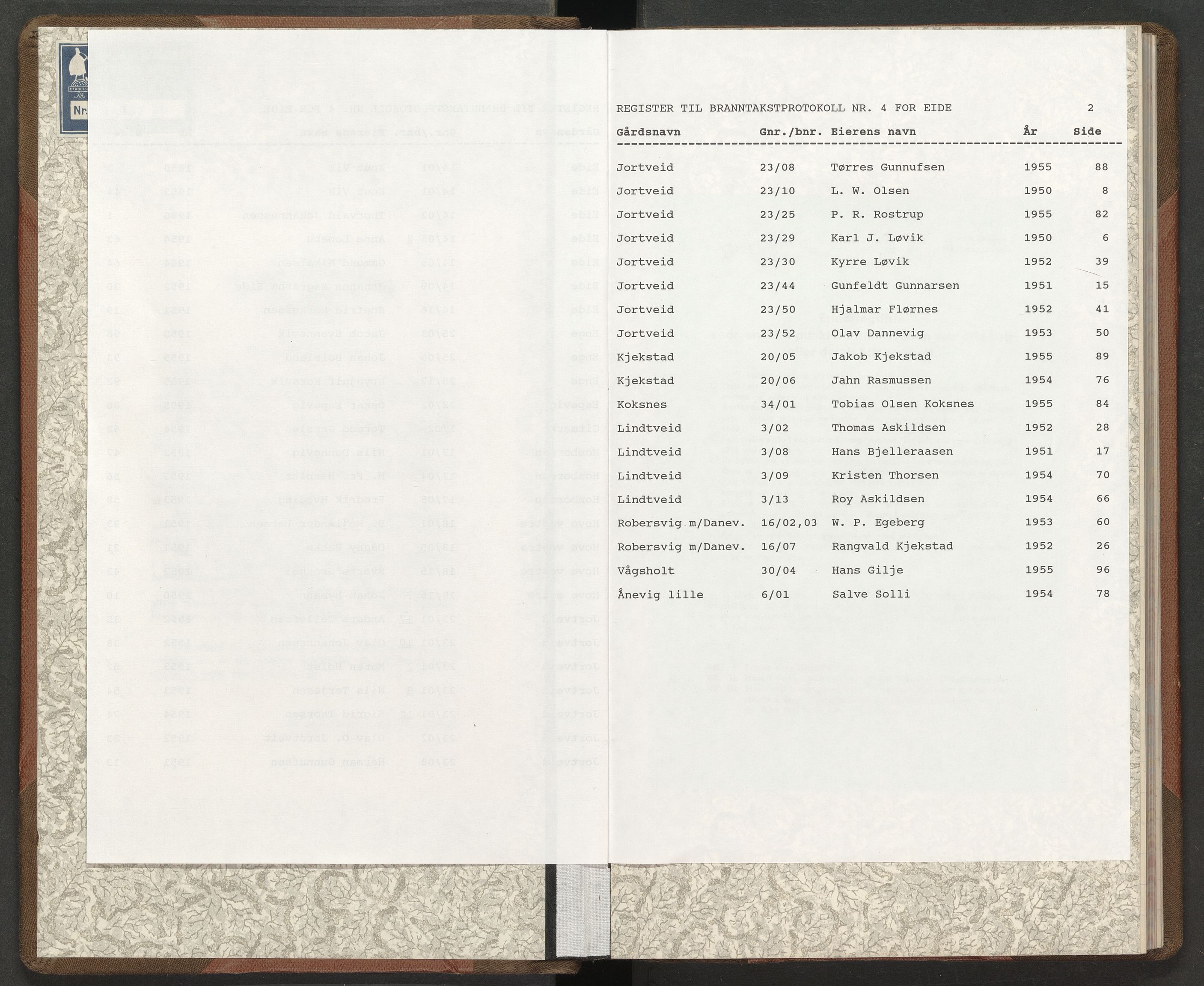 Norges Brannkasse Eide, AV/SAK-2241-0009/F/Fa/L0004: Branntakstprotokoll nr. 4 med gårdsnavnregister, 1950-1955