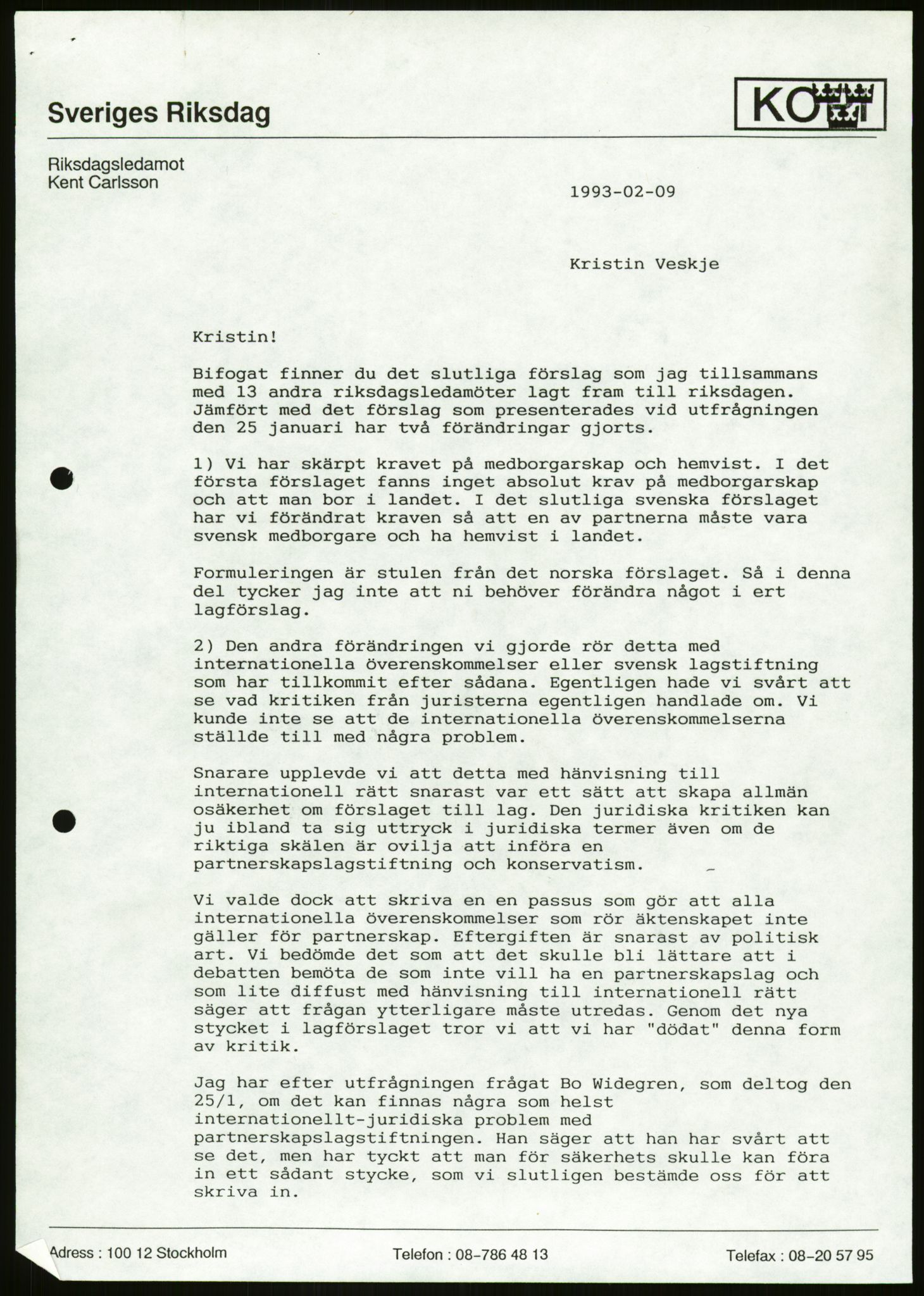 Det Norske Forbundet av 1948/Landsforeningen for Lesbisk og Homofil Frigjøring, AV/RA-PA-1216/D/Da/L0001: Partnerskapsloven, 1990-1993, p. 113