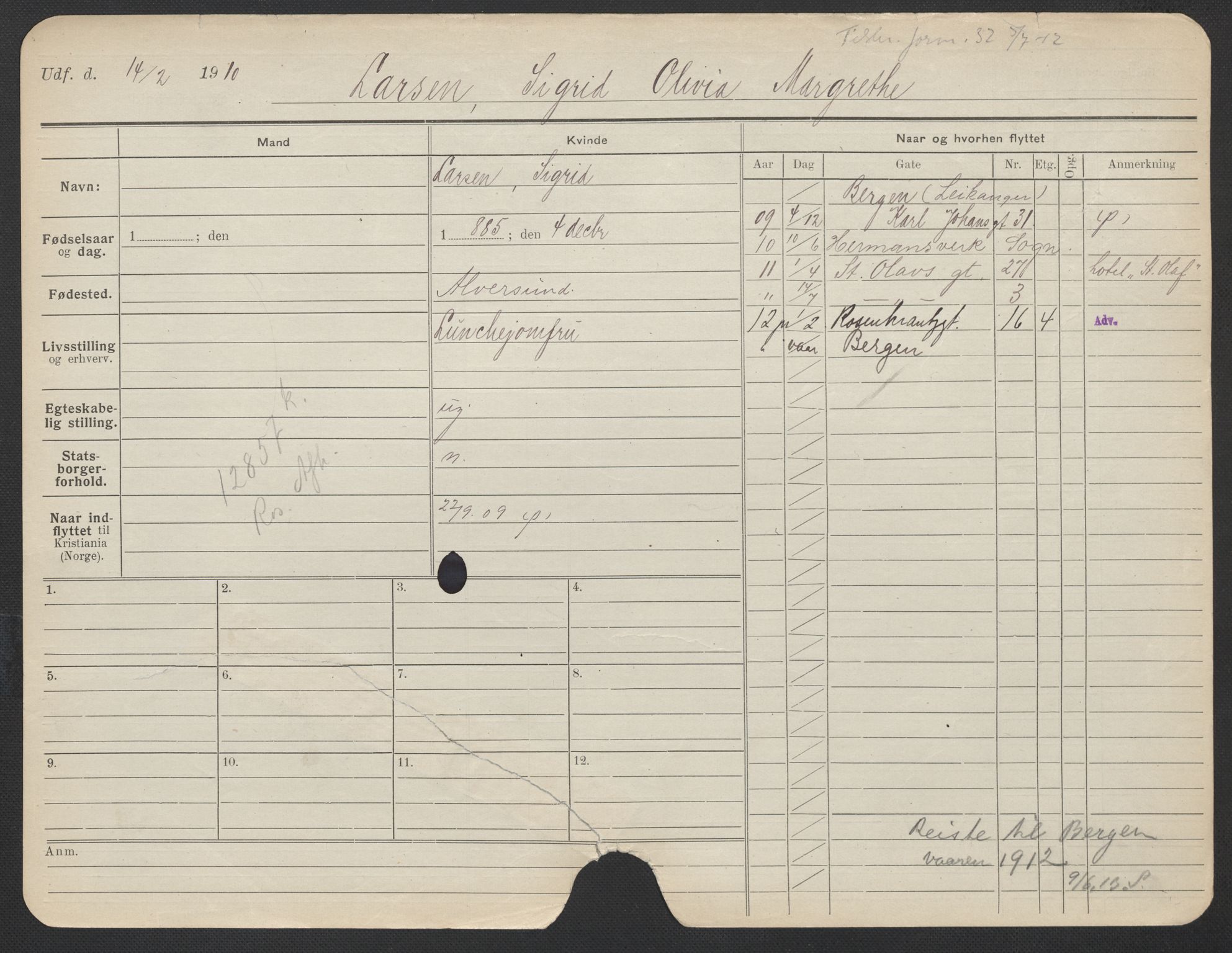 Oslo folkeregister, Registerkort, AV/SAO-A-11715/F/Fa/Fac/L0019: Kvinner, 1906-1914, p. 1153a