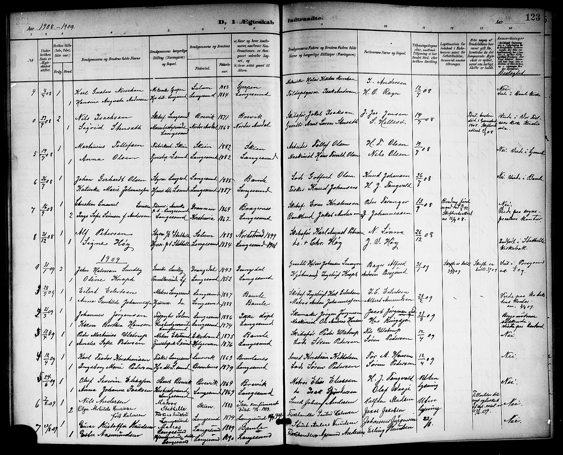 Langesund kirkebøker, SAKO/A-280/G/Ga/L0006: Parish register (copy) no. 6, 1899-1918, p. 123