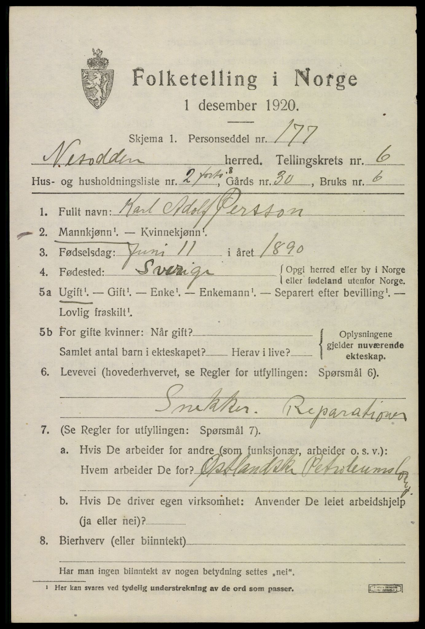 SAO, 1920 census for Nesodden, 1920, p. 5487