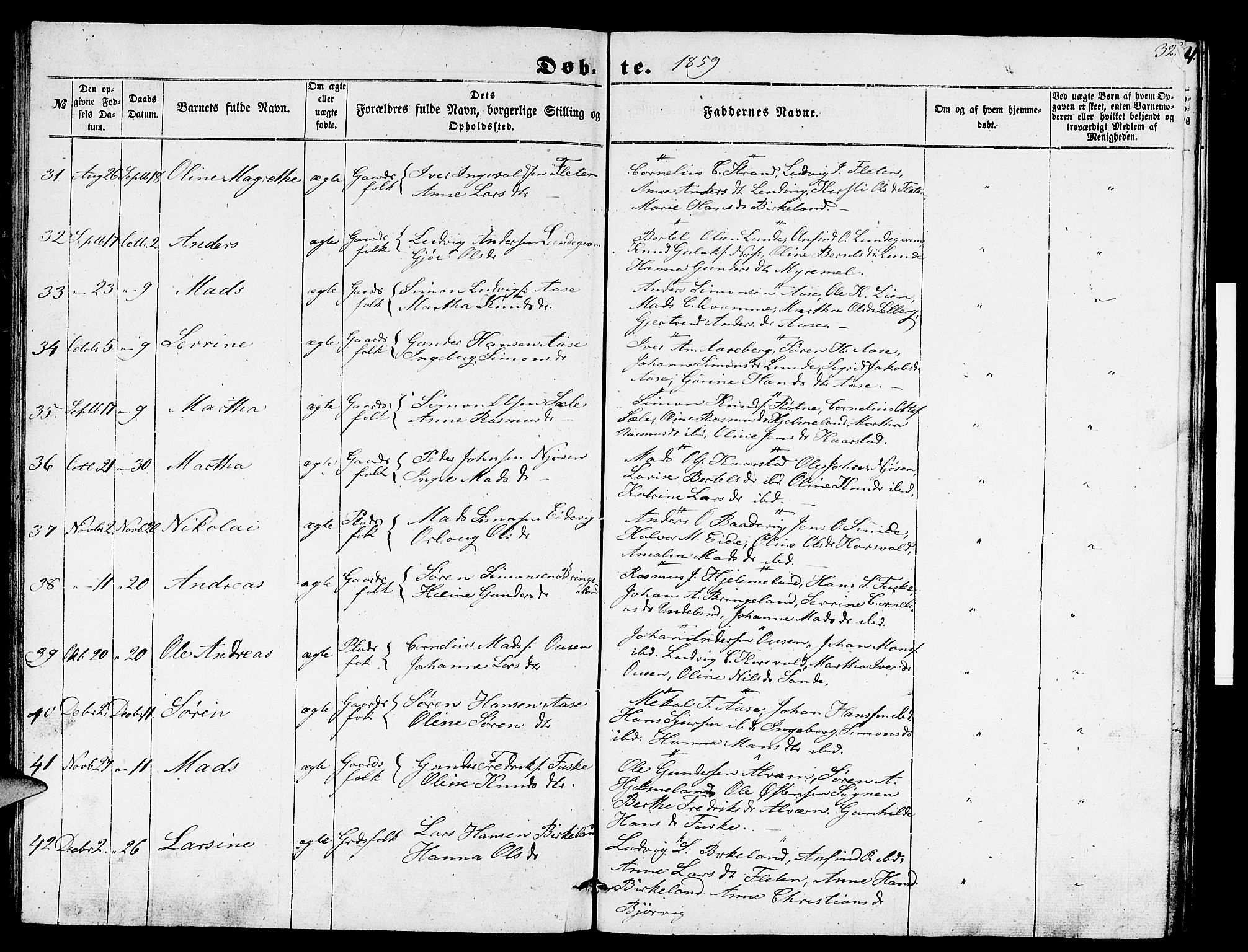 Gaular sokneprestembete, AV/SAB-A-80001/H/Hab: Parish register (copy) no. B 1, 1853-1863, p. 32