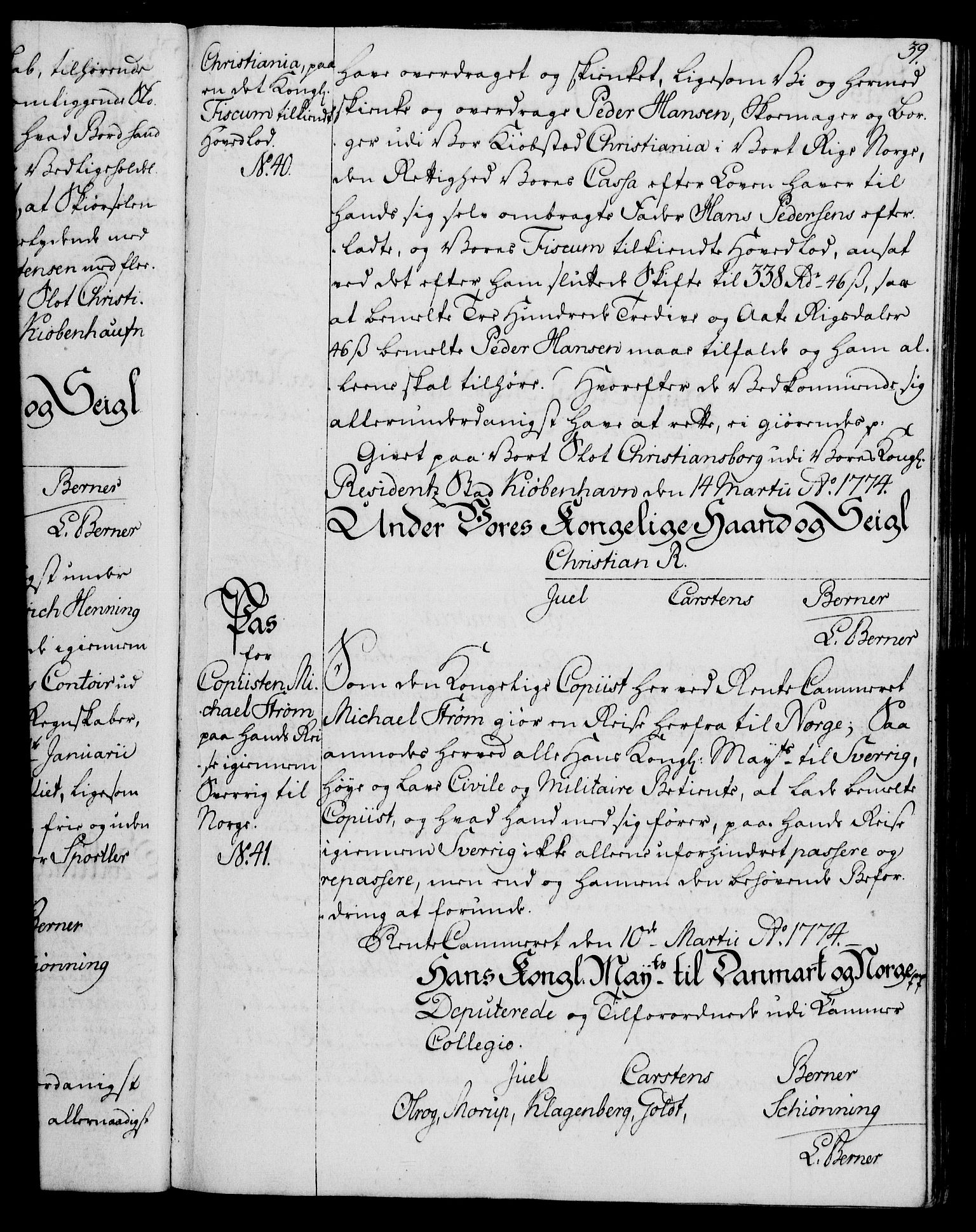 Rentekammeret, Kammerkanselliet, AV/RA-EA-3111/G/Gg/Gga/L0010: Norsk ekspedisjonsprotokoll med register (merket RK 53.10), 1773-1778, p. 39