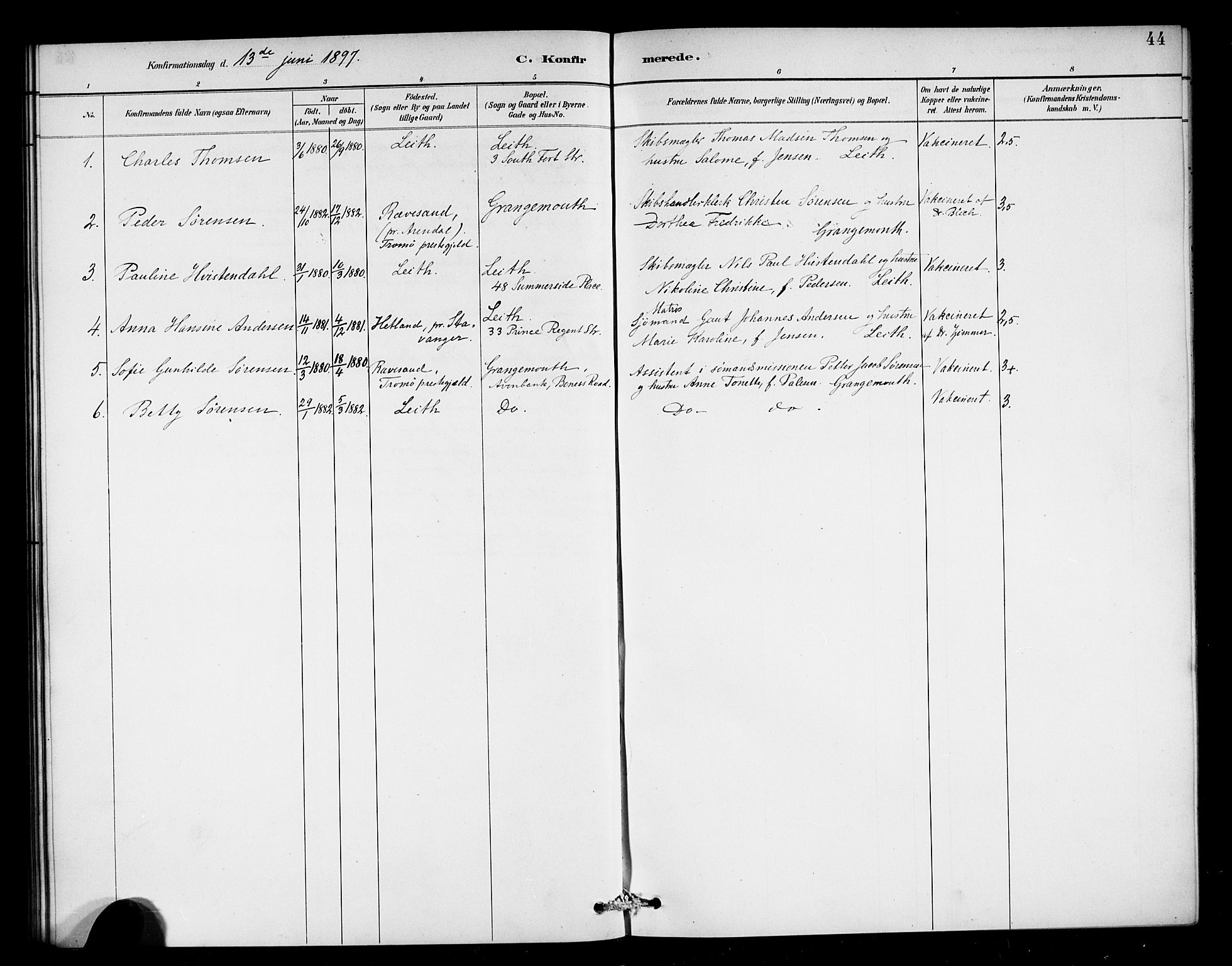 Den norske sjømannsmisjon i utlandet/Skotske havner (Leith, Glasgow), AV/SAB-SAB/PA-0100/H/Ha/Haa/L0003: Parish register (official) no. A 3, 1887-1898, p. 44