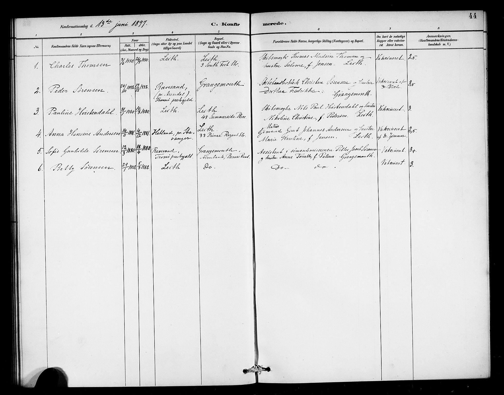 Den norske sjømannsmisjon i utlandet/Skotske havner (Leith, Glasgow), SAB/SAB/PA-0100/H/Ha/Haa/L0003: Parish register (official) no. A 3, 1887-1898, p. 44