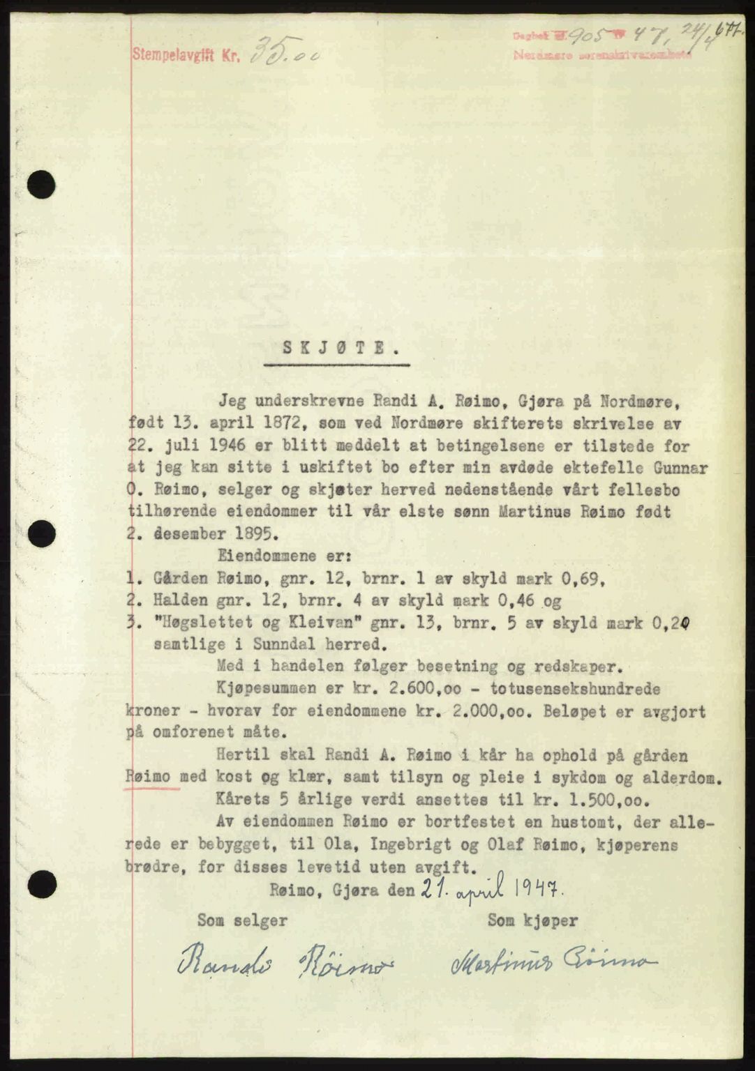 Nordmøre sorenskriveri, AV/SAT-A-4132/1/2/2Ca: Mortgage book no. A104, 1947-1947, Diary no: : 905/1947