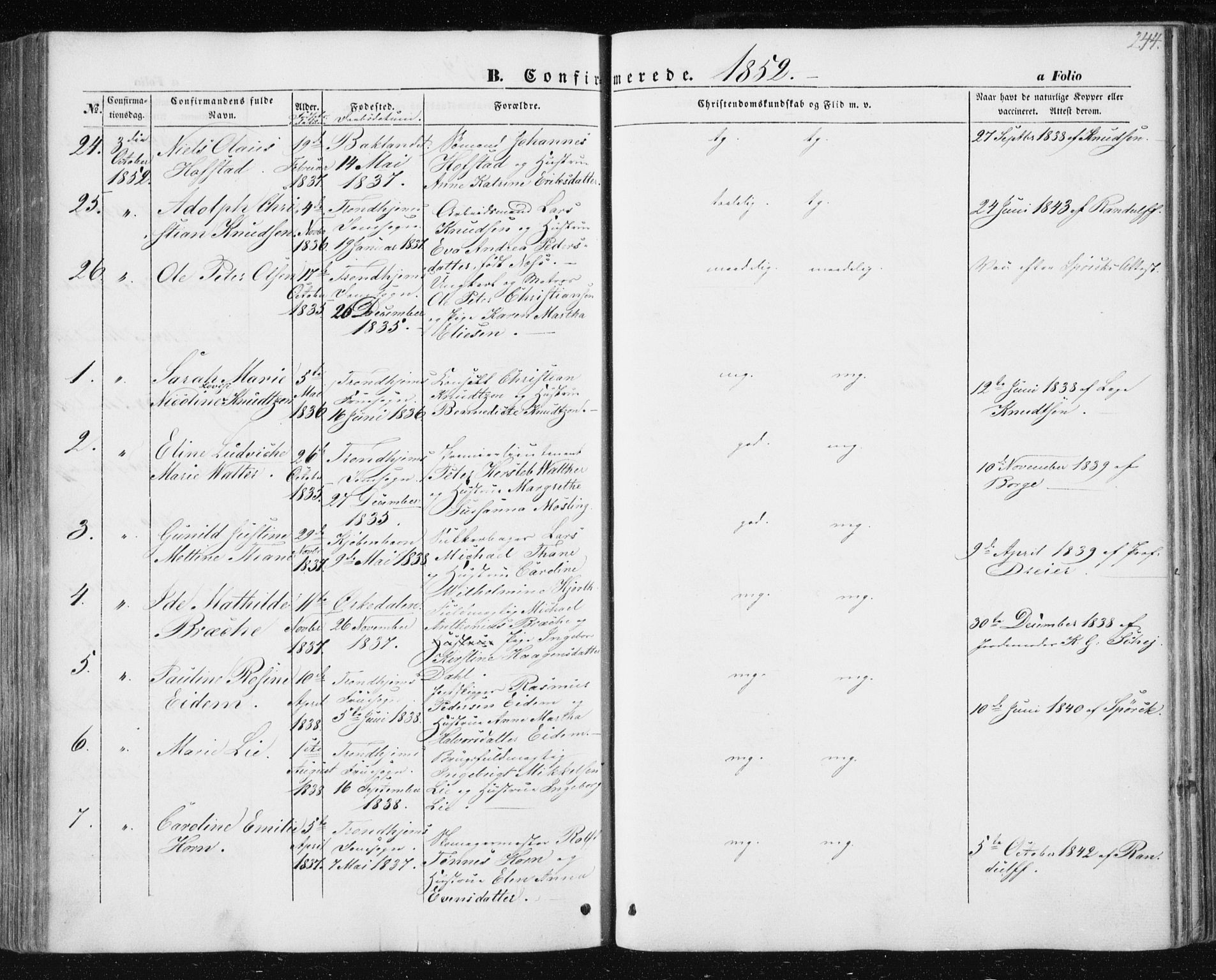 Ministerialprotokoller, klokkerbøker og fødselsregistre - Sør-Trøndelag, AV/SAT-A-1456/602/L0112: Parish register (official) no. 602A10, 1848-1859, p. 244