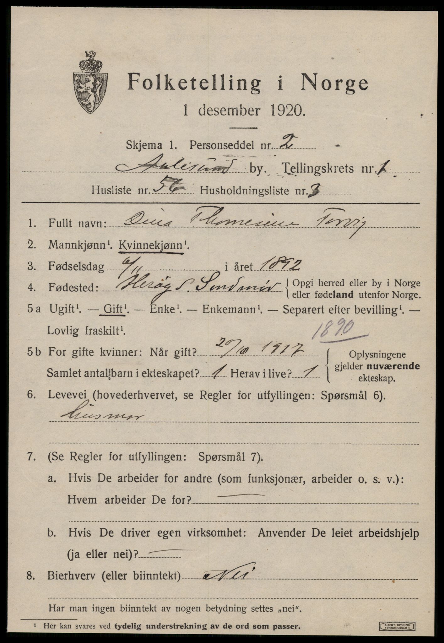 SAT, 1920 census for Ålesund, 1920, p. 10870