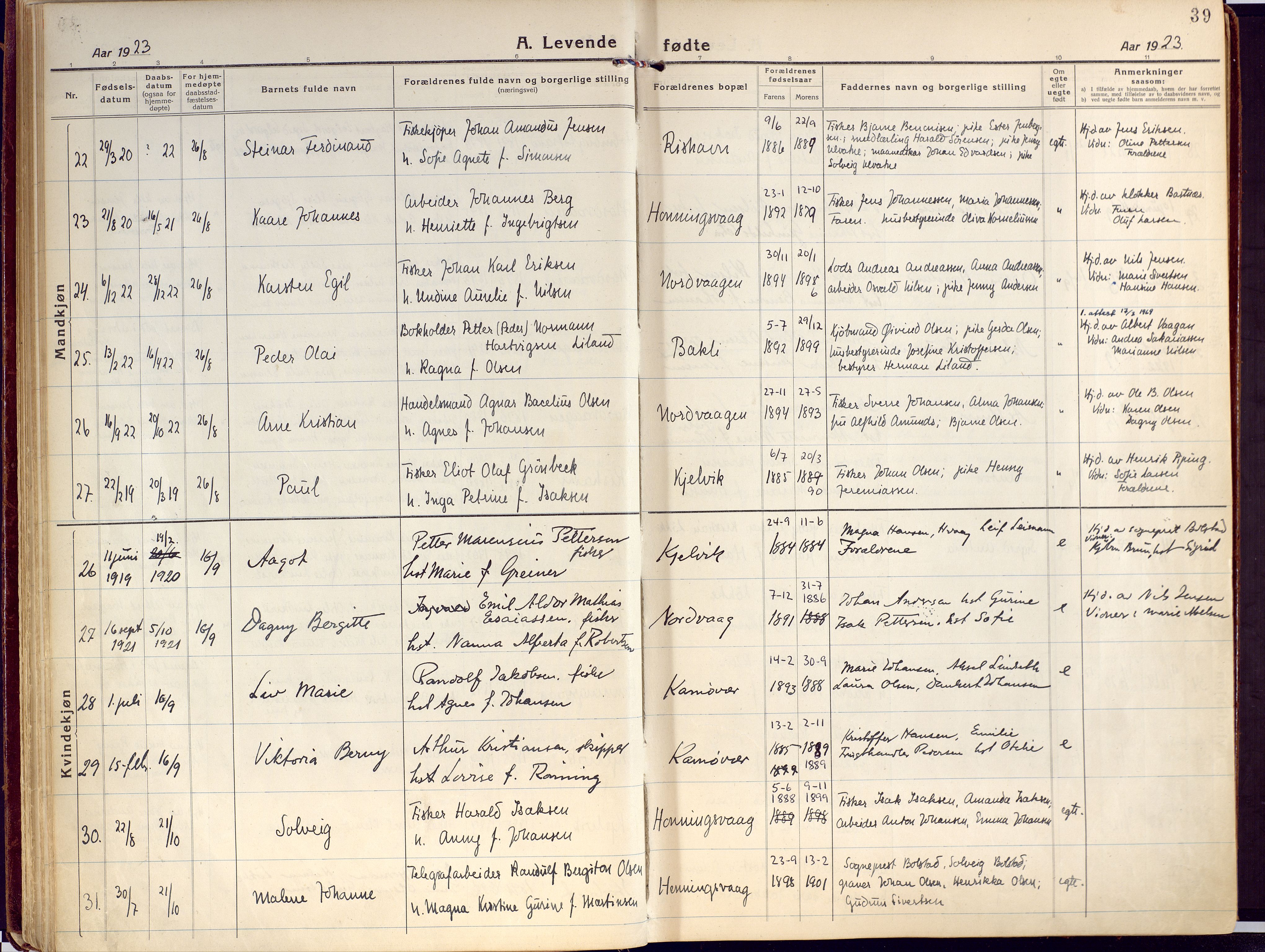 Kjelvik/Nordkapp sokneprestkontor, AV/SATØ-S-1350/H/Ha/L0002kirke: Parish register (official) no. 2, 1920-1929, p. 39