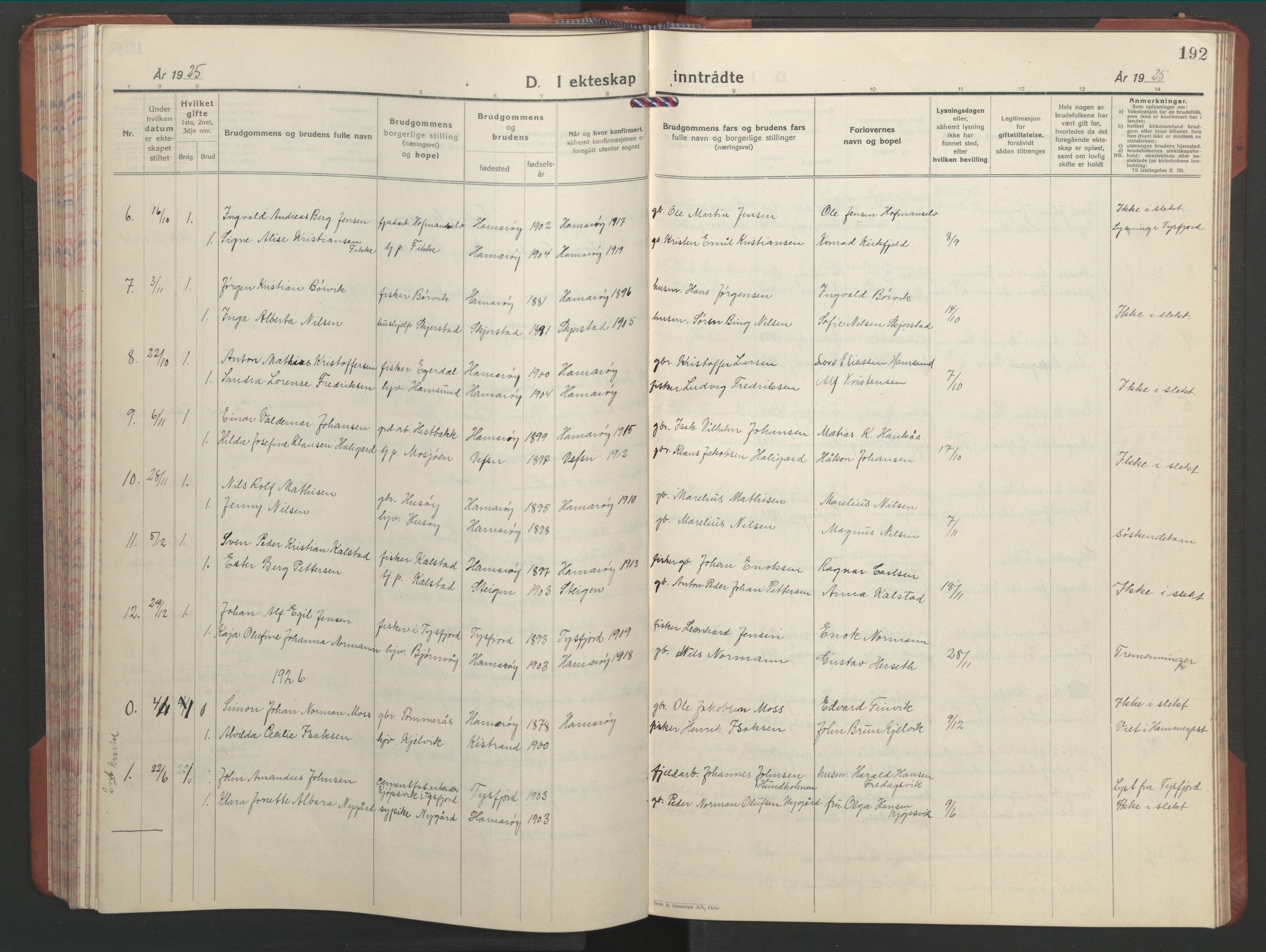 Ministerialprotokoller, klokkerbøker og fødselsregistre - Nordland, AV/SAT-A-1459/859/L0862: Parish register (copy) no. 859C08, 1925-1936, p. 192