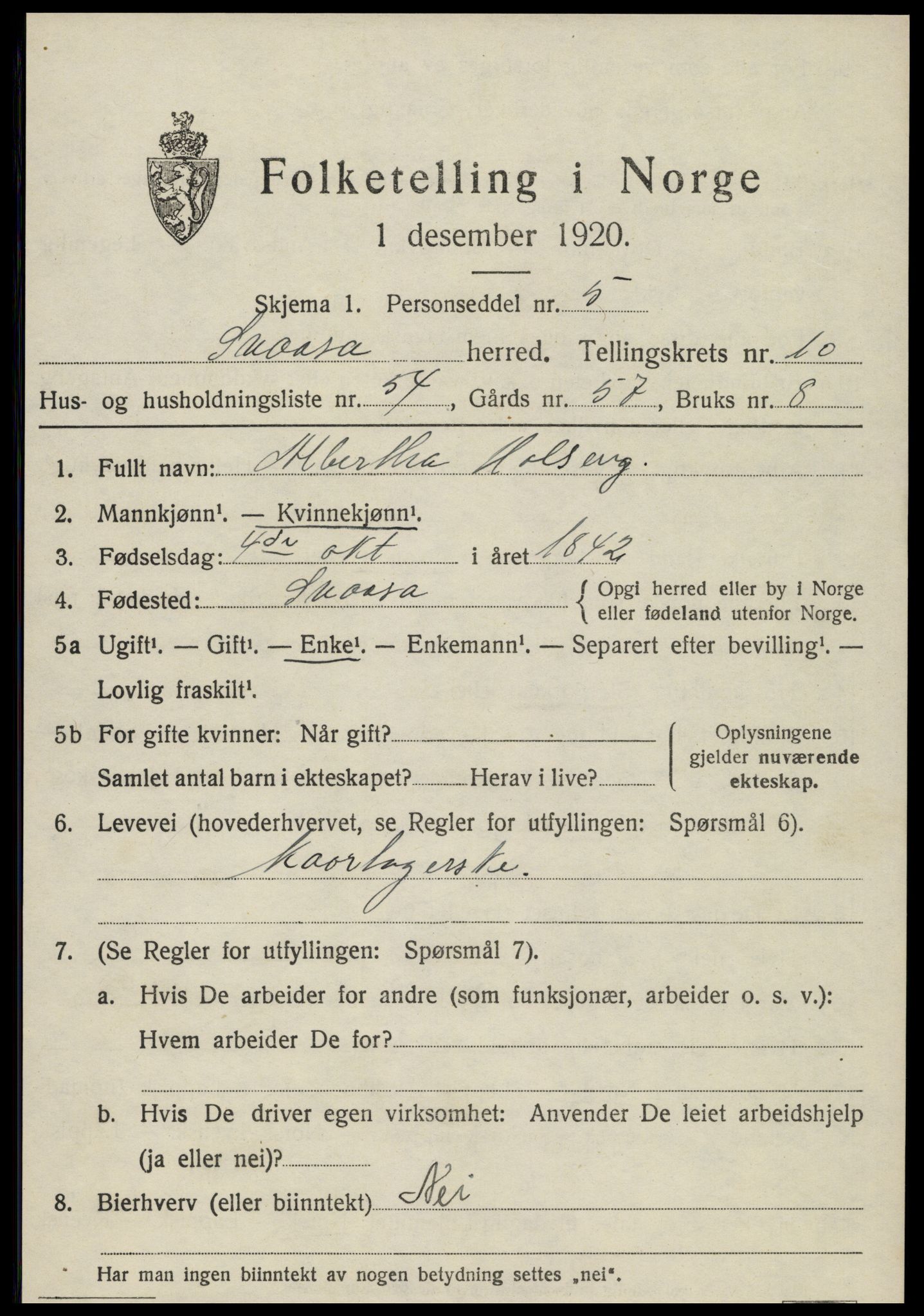 SAT, 1920 census for Snåsa, 1920, p. 4944