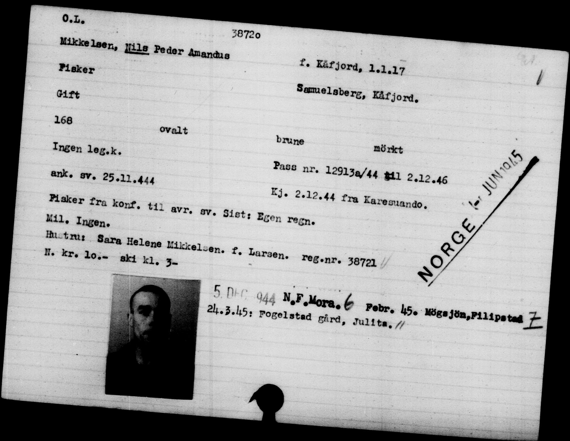 Utenriksstasjonene, Legasjonen i Stockholm, Flyktningkontoret, AV/RA-S-6753/V/Va/L0015: Kjesäterkartoteket, flyktninger med registreringsnr. 37800-40770, 1940-1945, p. 945