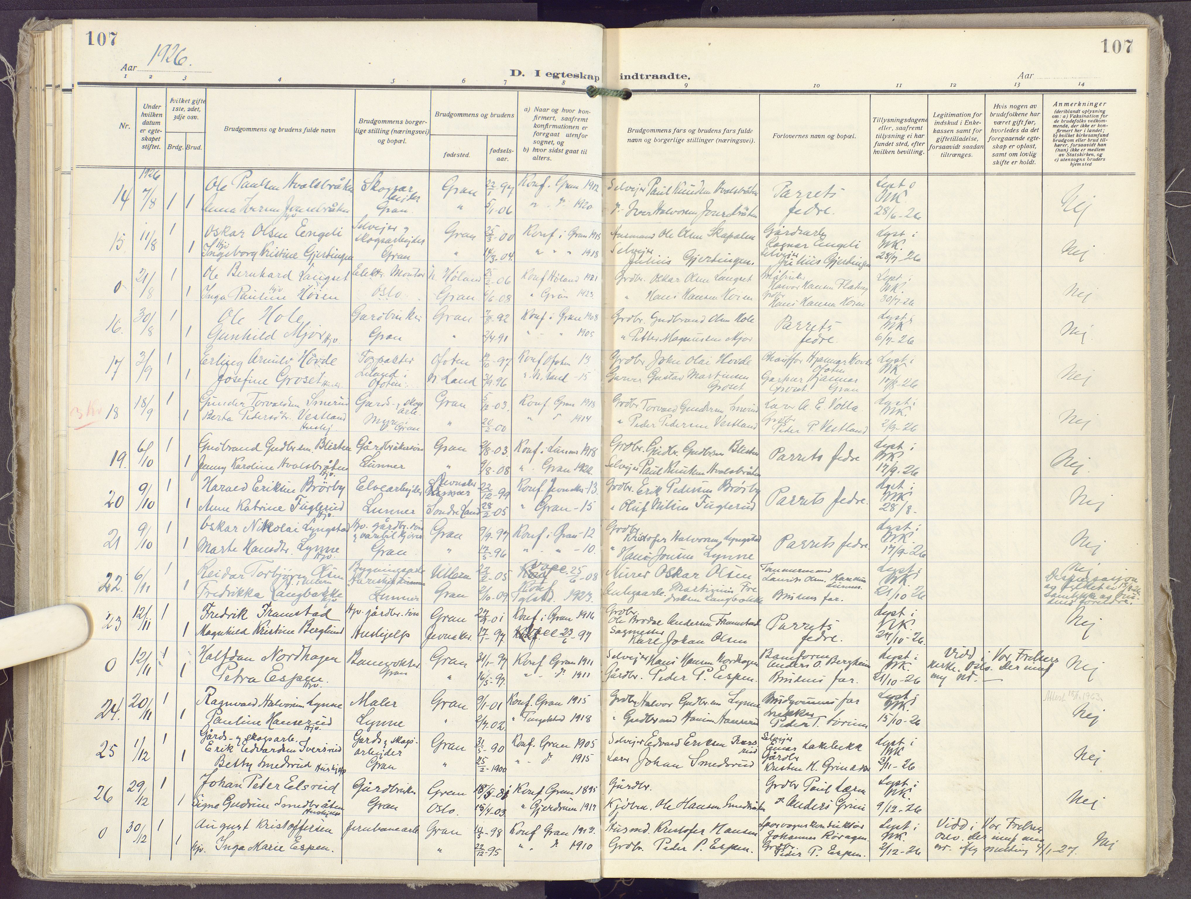 Gran prestekontor, SAH/PREST-112/H/Ha/Haa/L0023: Parish register (official) no. 23, 1919-1938, p. 107