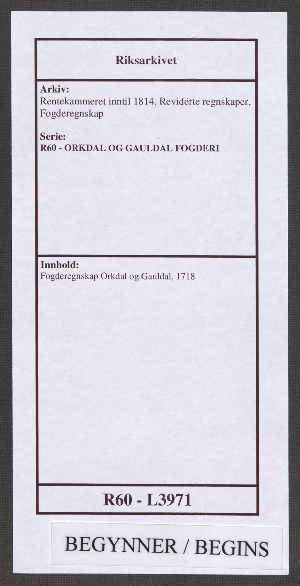 Rentekammeret inntil 1814, Reviderte regnskaper, Fogderegnskap, AV/RA-EA-4092/R60/L3971: Fogderegnskap Orkdal og Gauldal, 1718, p. 1