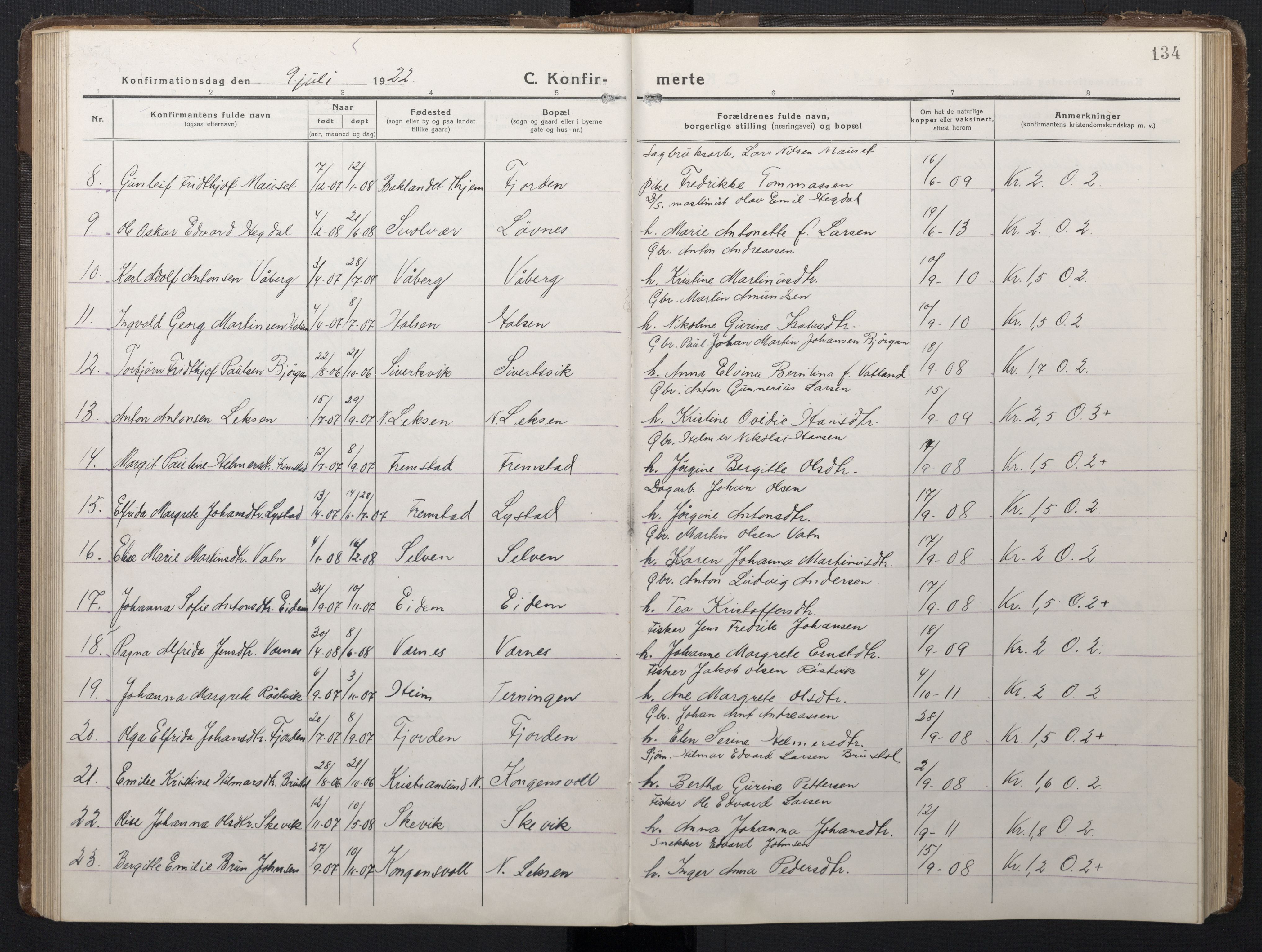 Ministerialprotokoller, klokkerbøker og fødselsregistre - Sør-Trøndelag, SAT/A-1456/662/L0758: Parish register (copy) no. 662C03, 1918-1948, p. 134