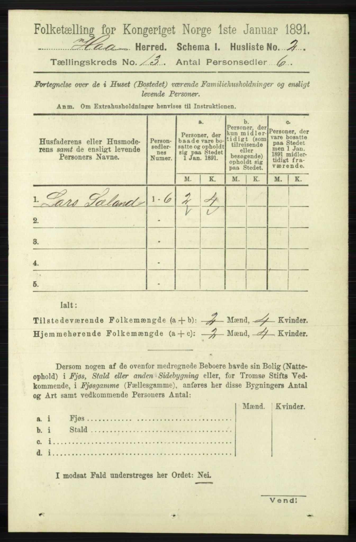 RA, 1891 census for 1119 Hå, 1891, p. 3126