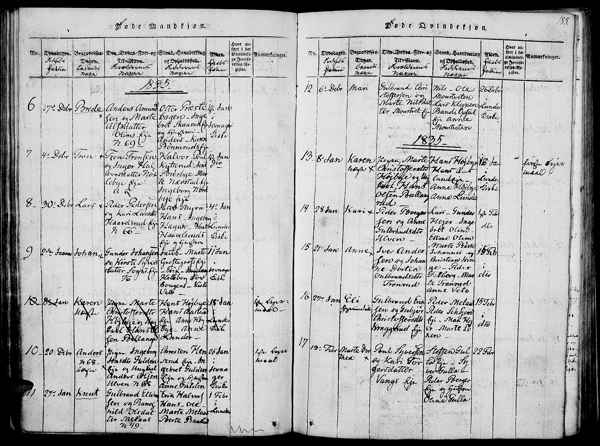 Jevnaker prestekontor, SAH/PREST-116/H/Ha/Haa/L0005: Parish register (official) no. 5, 1815-1837, p. 185
