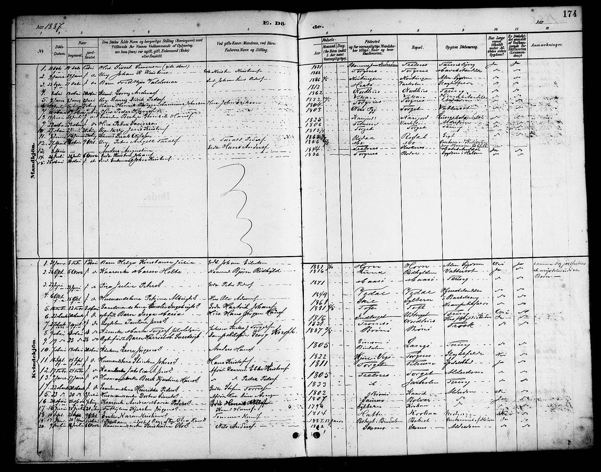 Ministerialprotokoller, klokkerbøker og fødselsregistre - Nordland, AV/SAT-A-1459/813/L0213: Parish register (copy) no. 813C05, 1887-1903, p. 174