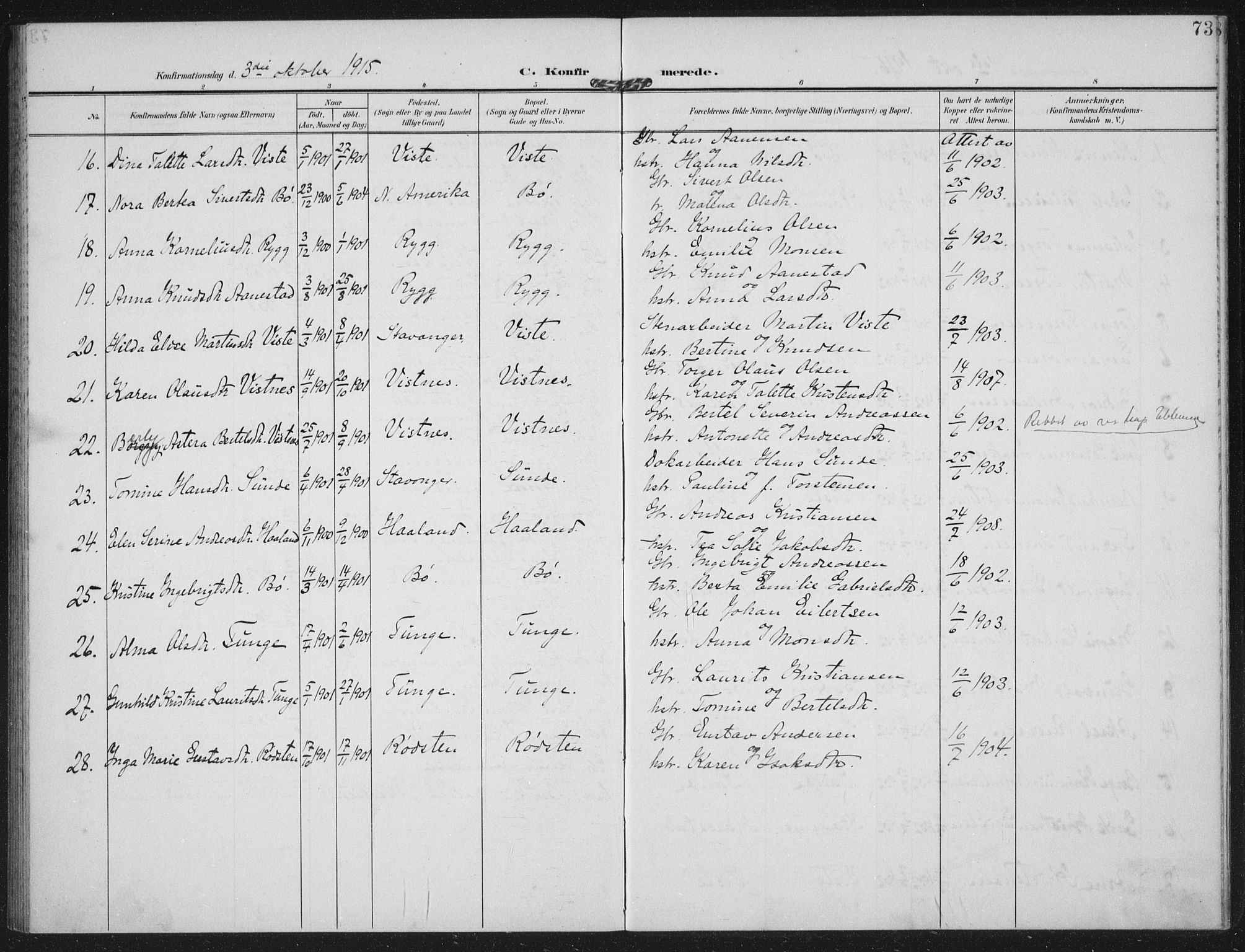 Hetland sokneprestkontor, AV/SAST-A-101826/30/30BA: Parish register (official) no. A 14, 1905-1919, p. 73