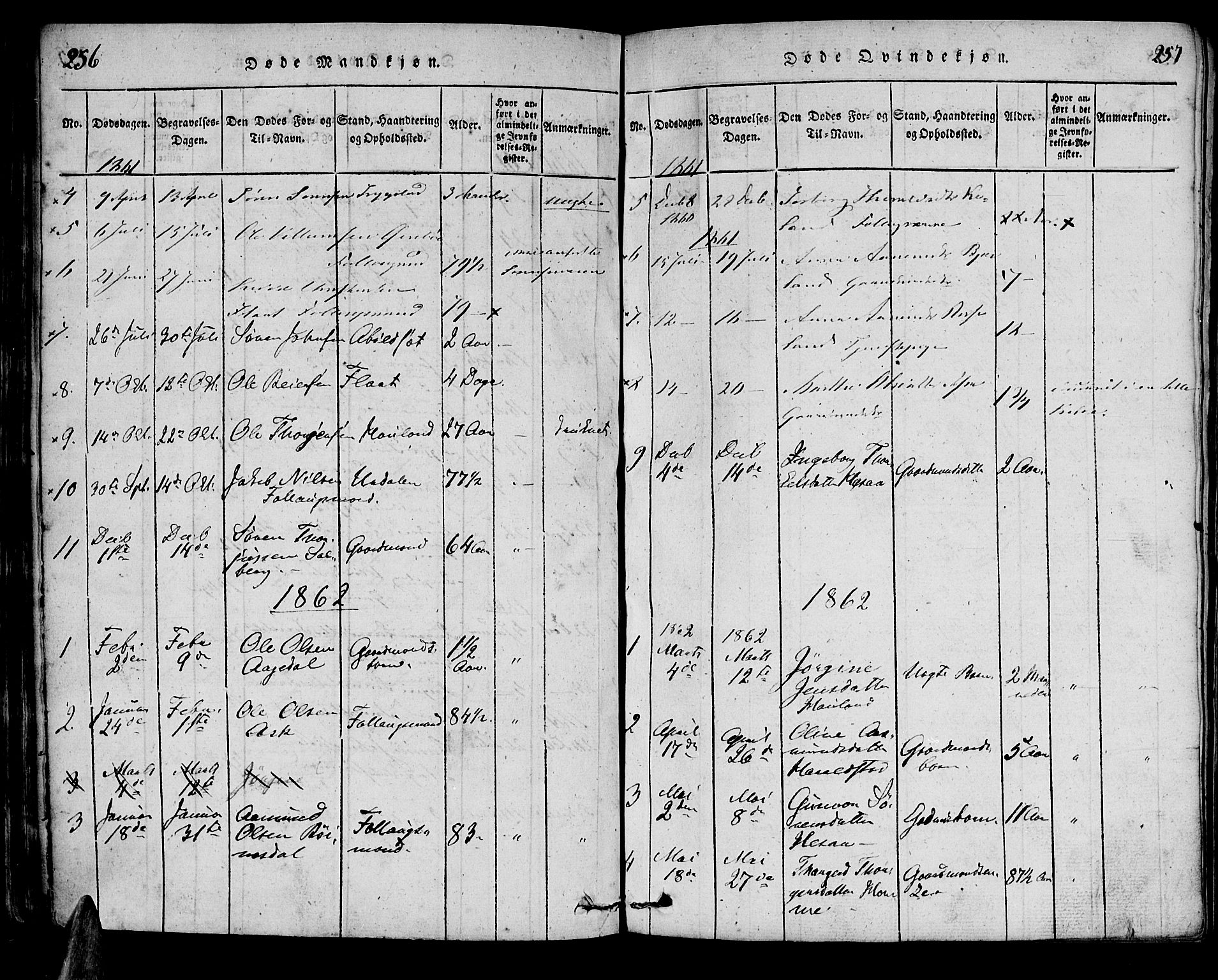 Bjelland sokneprestkontor, SAK/1111-0005/F/Fa/Faa/L0002: Parish register (official) no. A 2, 1816-1866, p. 256-257