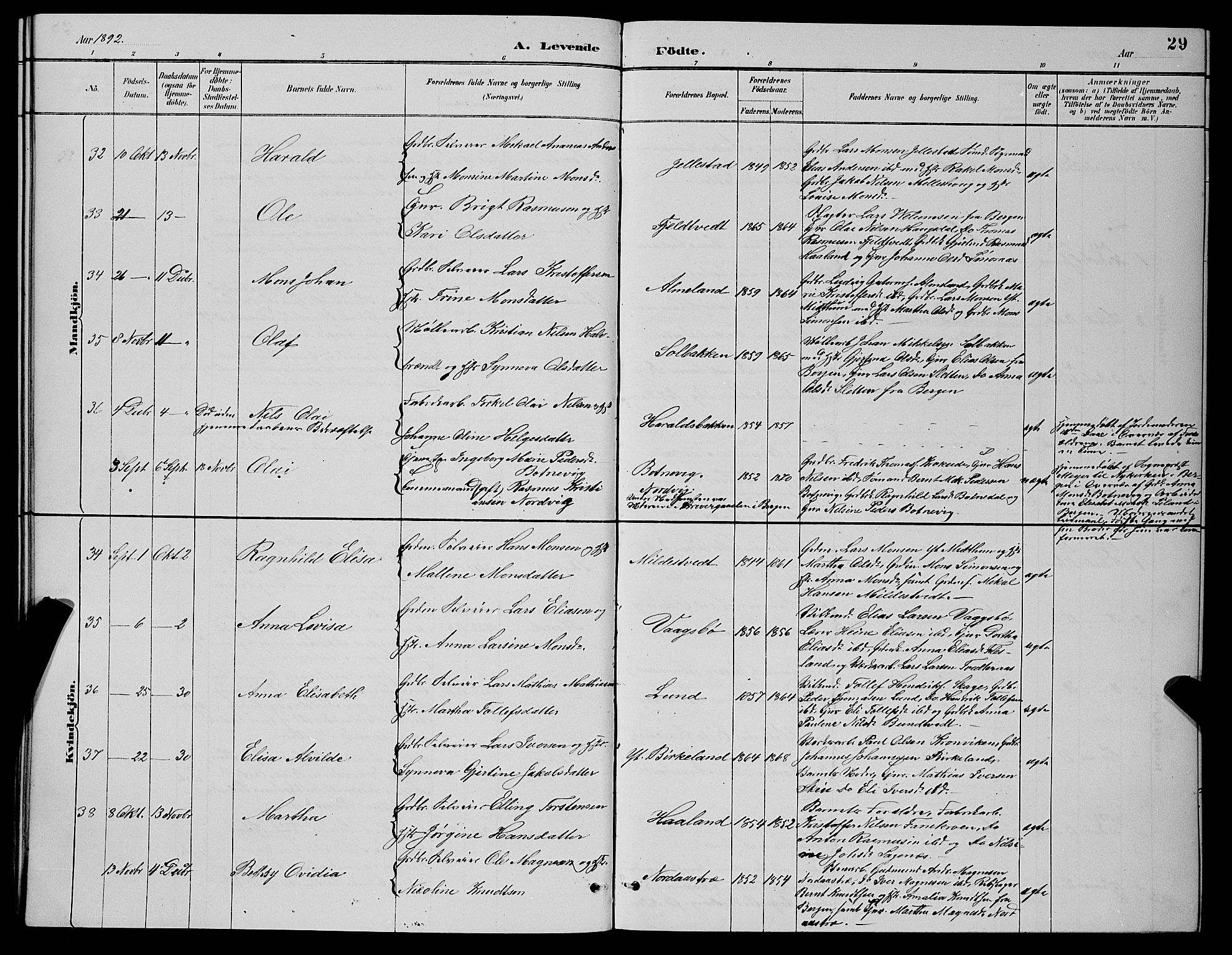 Fana Sokneprestembete, AV/SAB-A-75101/H/Hab/Haba/L0002: Parish register (copy) no. A 2, 1889-1895, p. 29