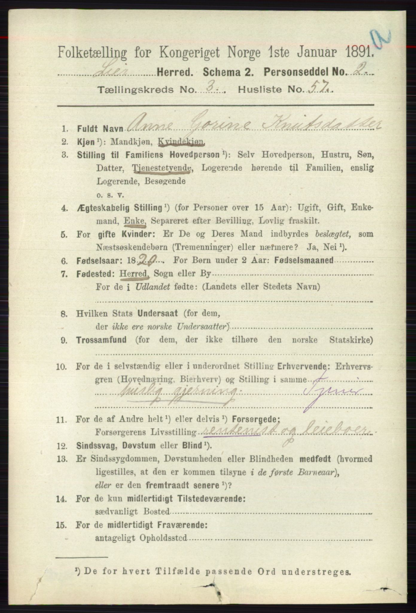 RA, 1891 census for 0626 Lier, 1891, p. 2804