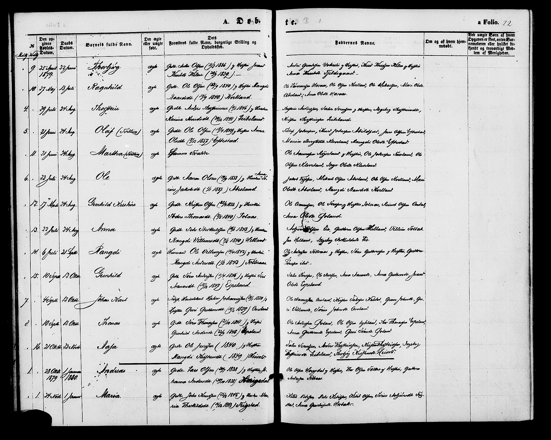 Bjelland sokneprestkontor, SAK/1111-0005/F/Fa/Fab/L0003: Parish register (official) no. A 3, 1870-1887, p. 22