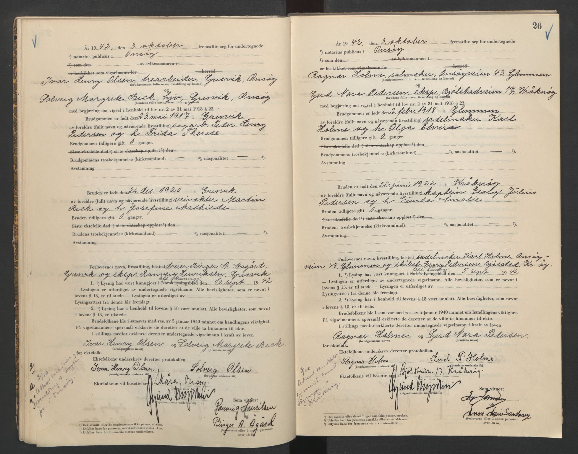 Onsøy sorenskriveri, AV/SAO-A-10474/L/La/L0002: Vigselsbok, 1942-1943, p. 26