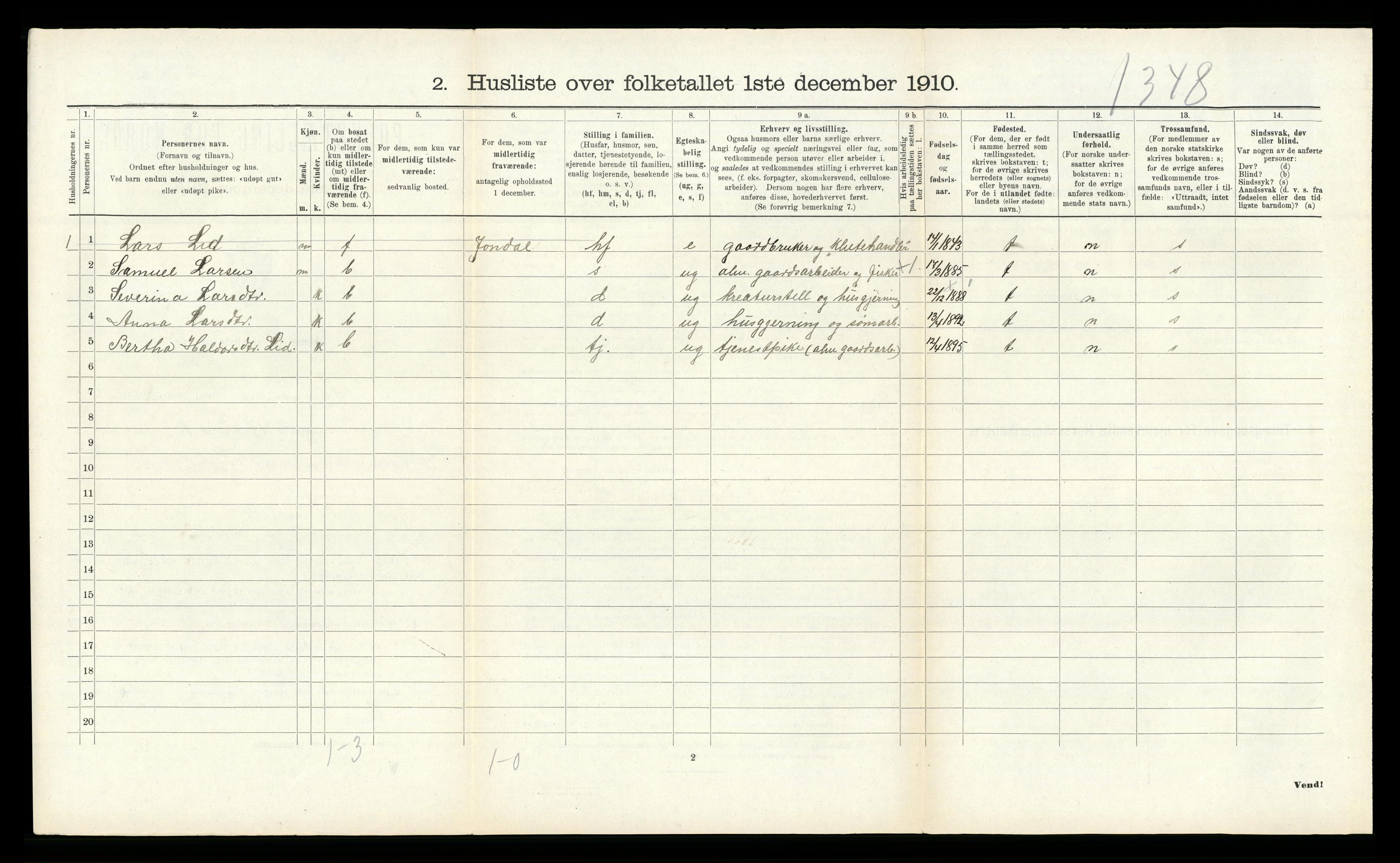 RA, 1910 census for Samnanger, 1910, p. 206