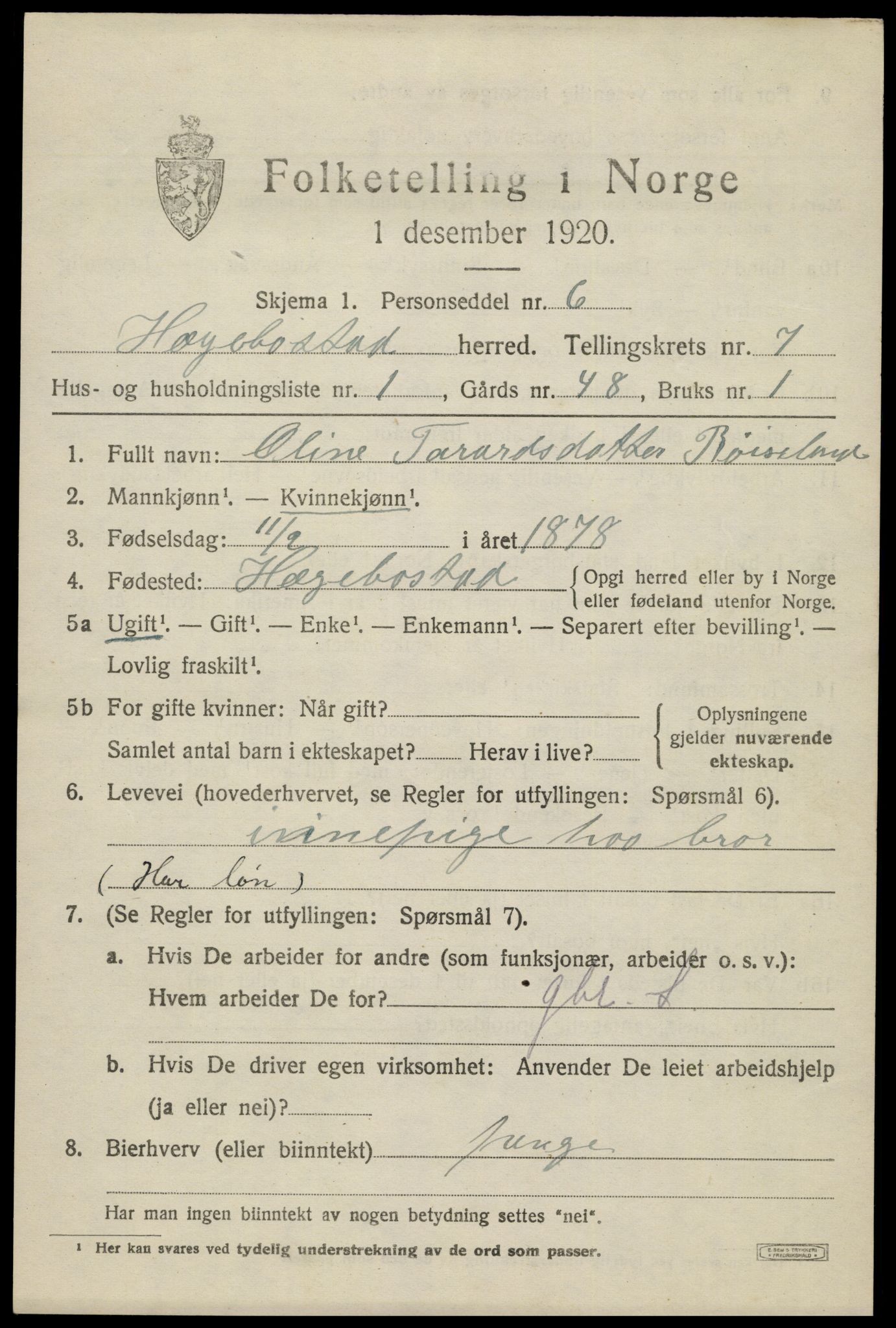 SAK, 1920 census for Hægebostad, 1920, p. 2119