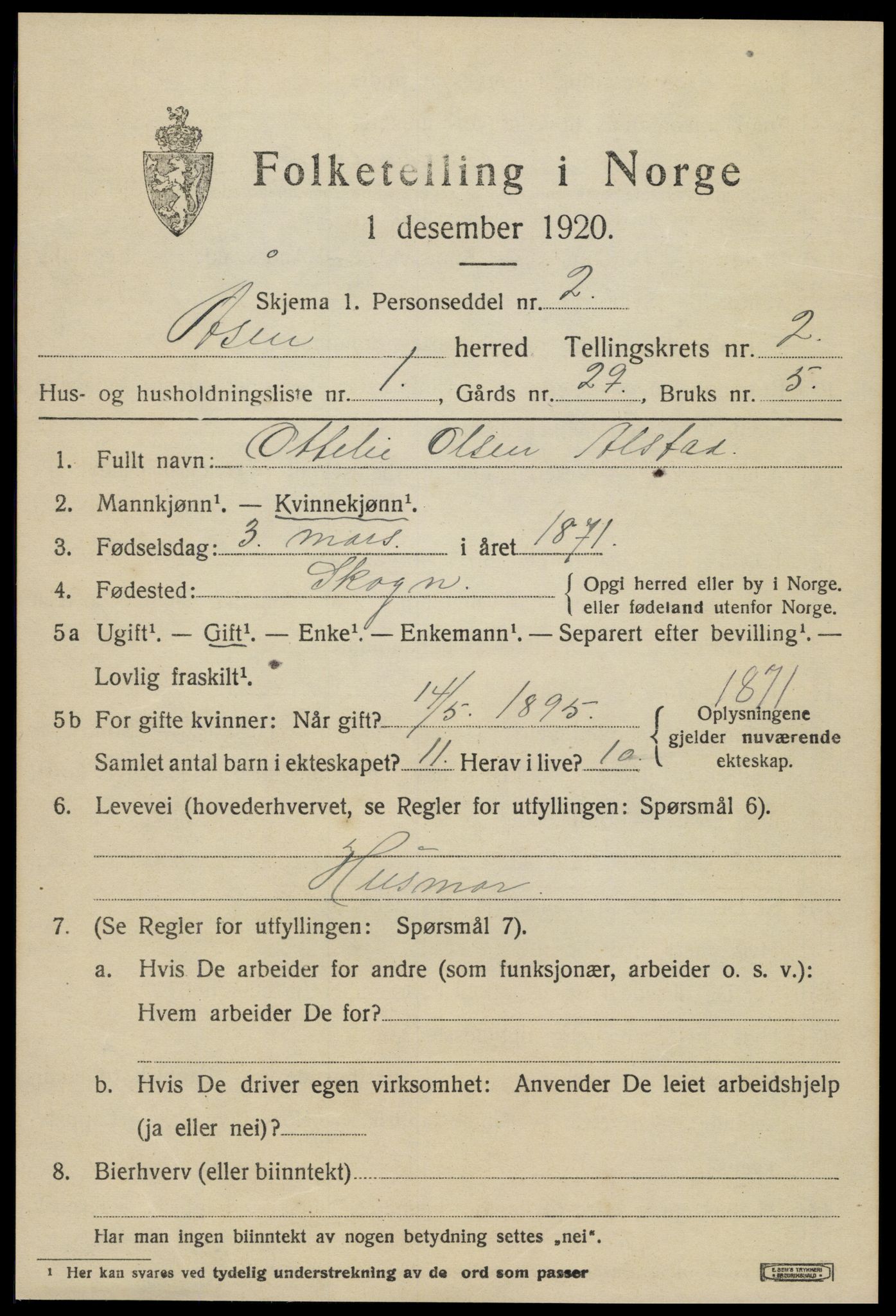 SAT, 1920 census for Åsen, 1920, p. 1710