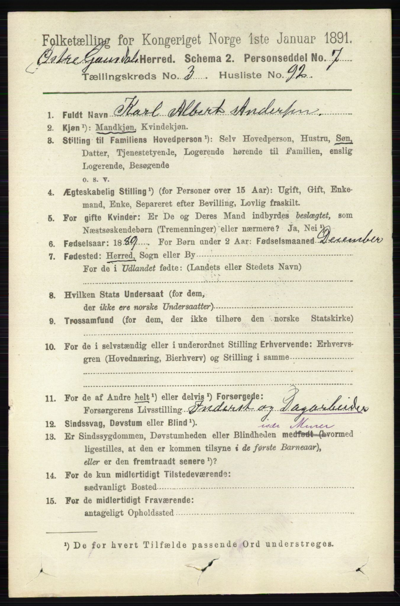 RA, 1891 census for 0522 Østre Gausdal, 1891, p. 2377