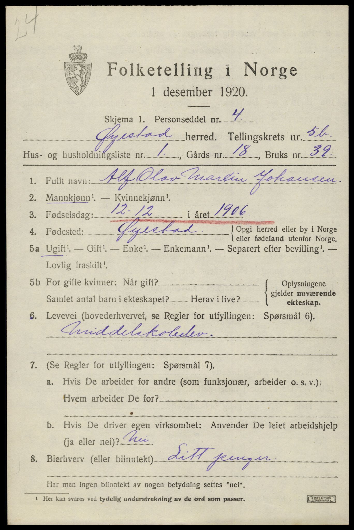 SAK, 1920 census for Øyestad, 1920, p. 3688