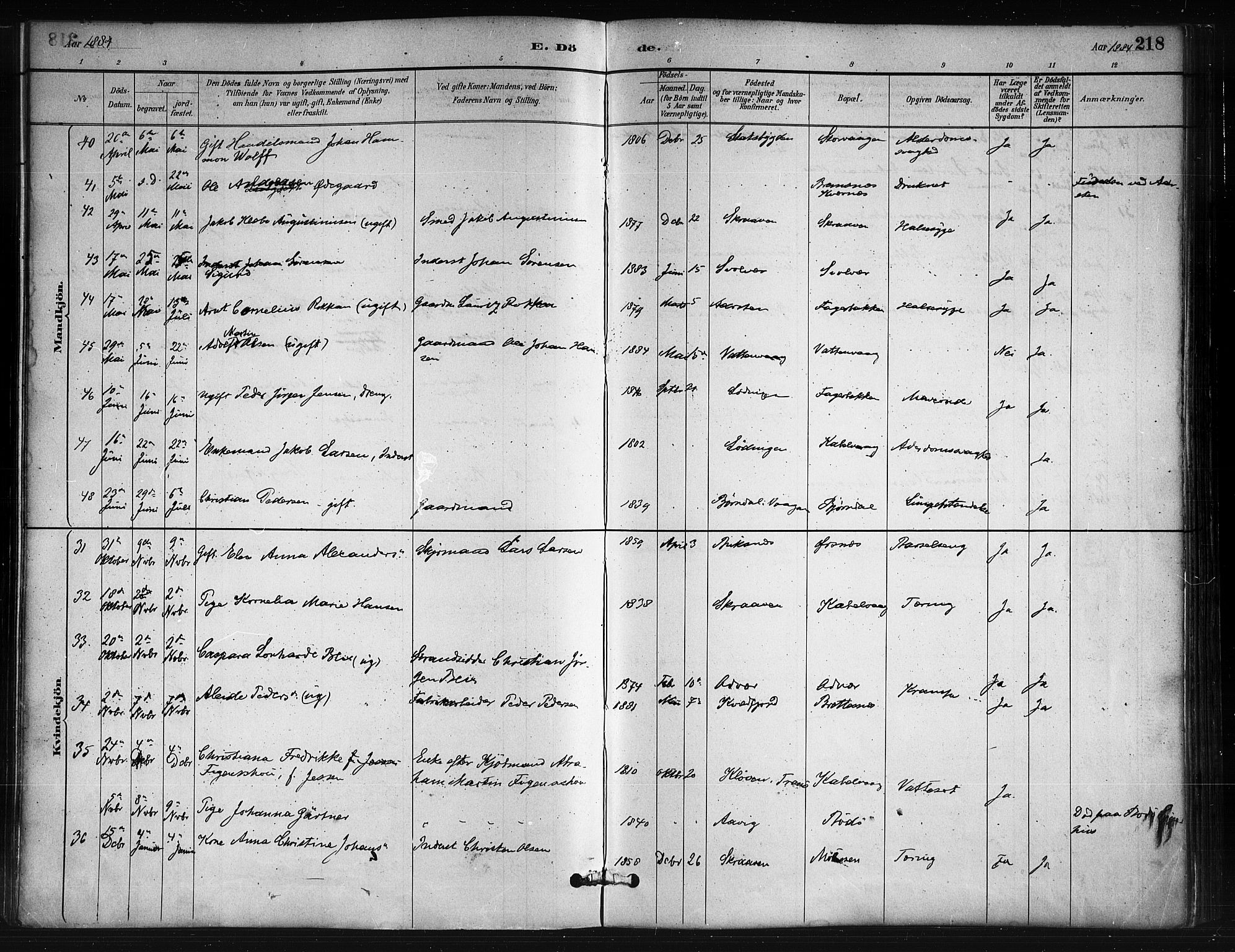 Ministerialprotokoller, klokkerbøker og fødselsregistre - Nordland, AV/SAT-A-1459/874/L1059: Parish register (official) no. 874A03, 1884-1890, p. 218