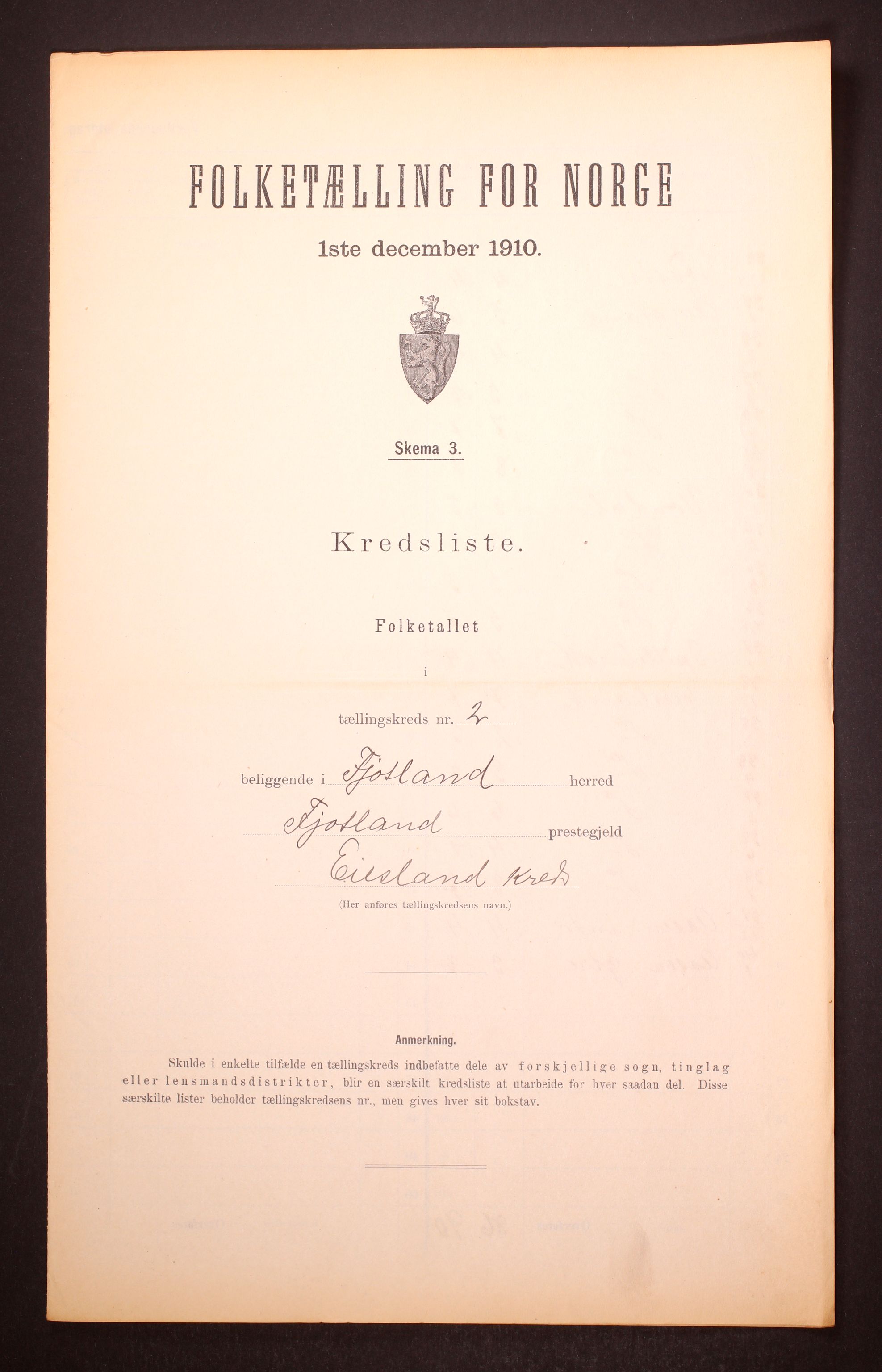 RA, 1910 census for Fjotland, 1910, p. 7