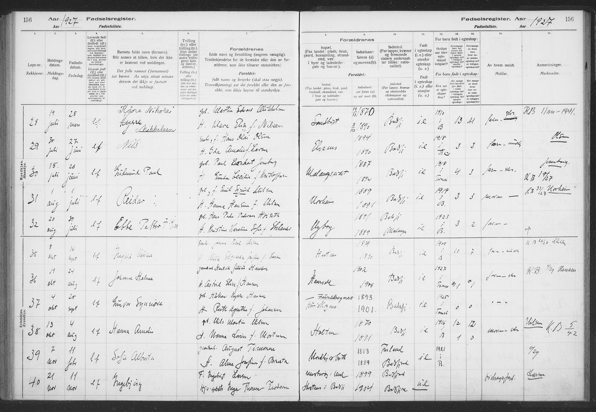 Balsfjord sokneprestembete, AV/SATØ-S-1303/H/Hb/L0059: Birth register no. 59, 1916-1930, p. 156