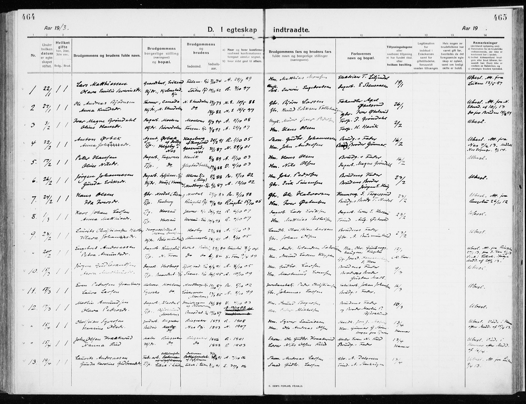 Ringsaker prestekontor, SAH/PREST-014/K/Ka/L0020: Parish register (official) no. 20, 1913-1922, p. 464-465