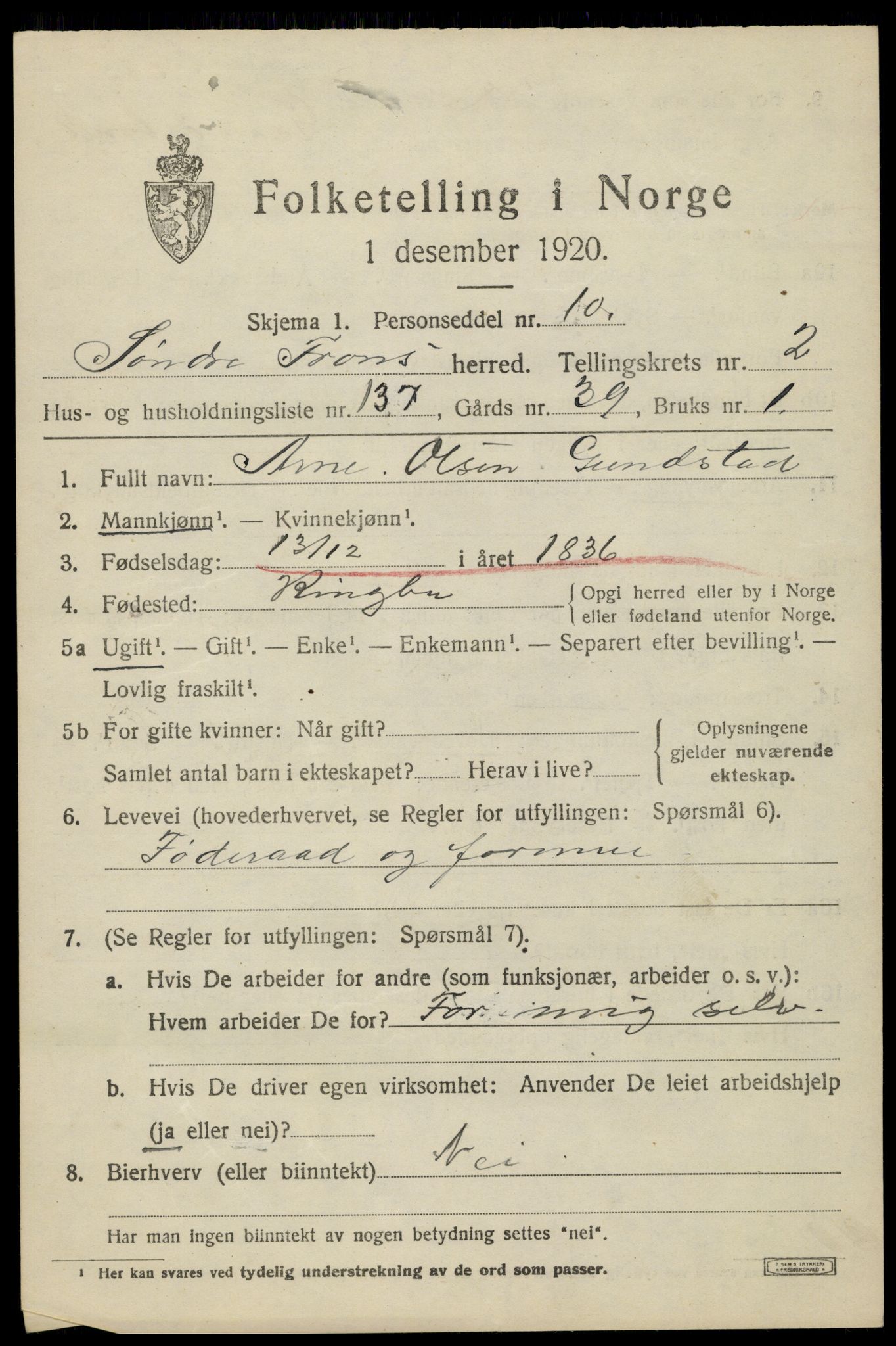 SAH, 1920 census for Sør-Fron, 1920, p. 3483