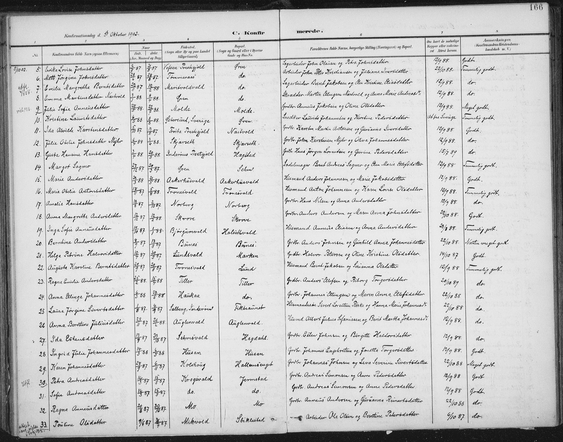 Ministerialprotokoller, klokkerbøker og fødselsregistre - Nord-Trøndelag, SAT/A-1458/723/L0246: Parish register (official) no. 723A15, 1900-1917, p. 166