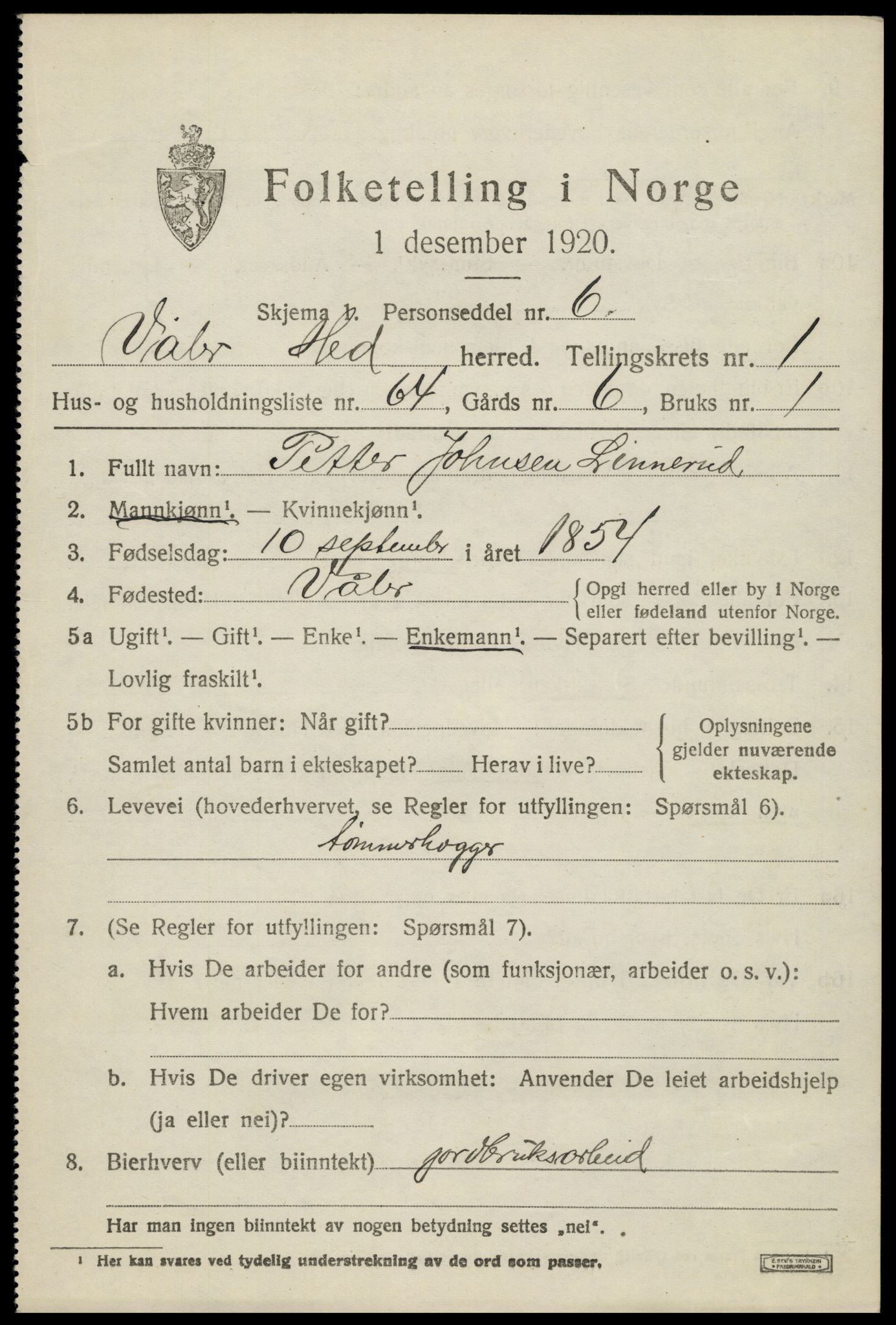 SAH, 1920 census for Våler (Hedmark), 1920, p. 2443