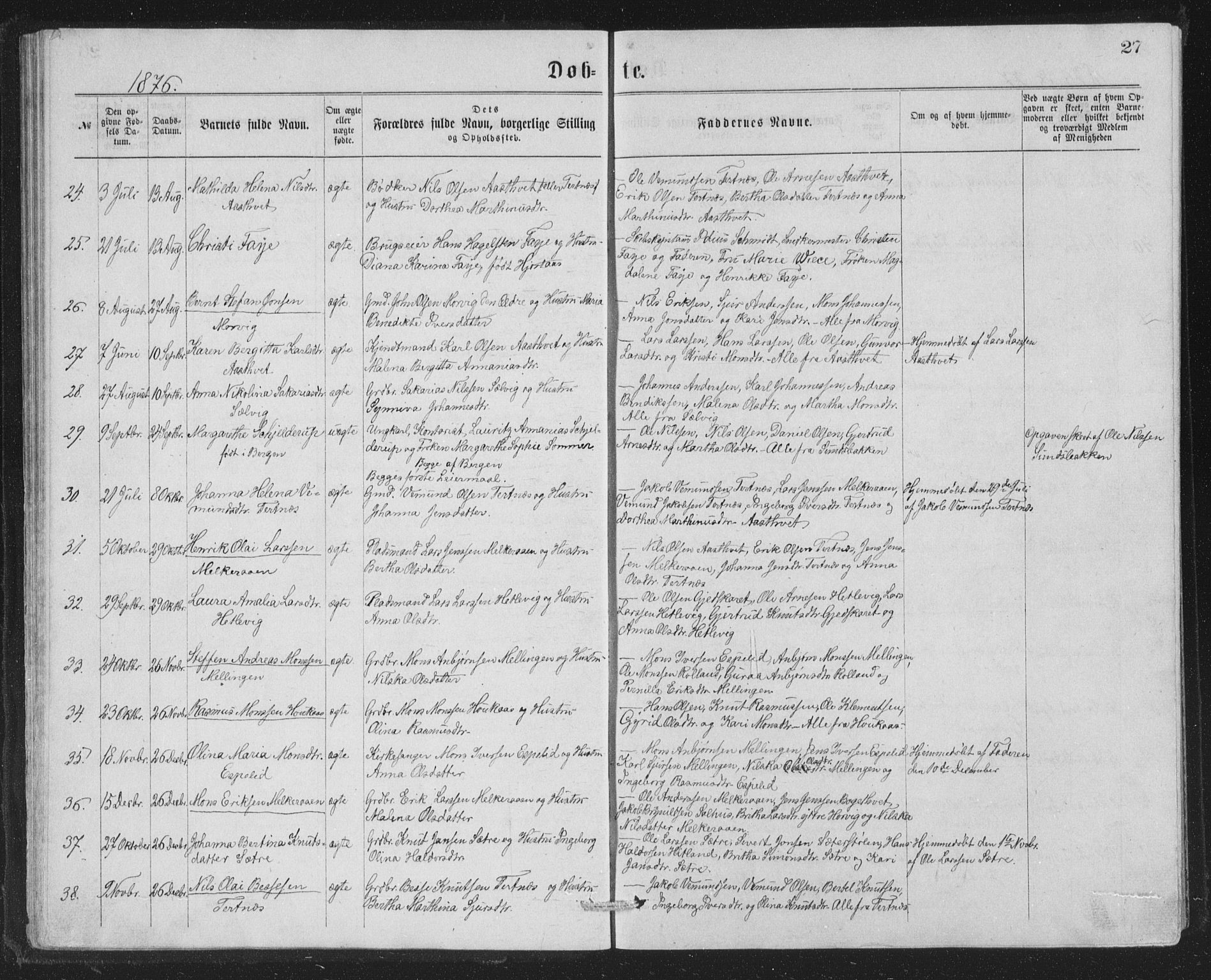 Åsane sokneprestembete, AV/SAB-A-79401/H/Hab: Parish register (copy) no. A 1, 1870-1884, p. 27