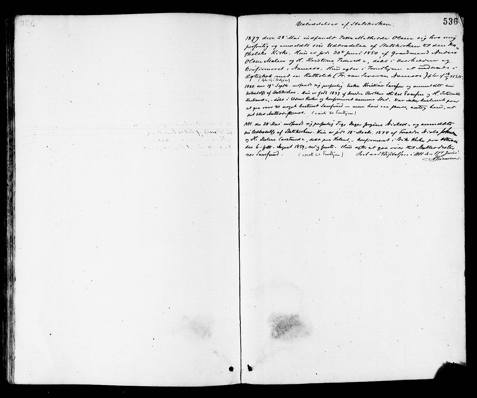 Ministerialprotokoller, klokkerbøker og fødselsregistre - Nord-Trøndelag, SAT/A-1458/768/L0572: Parish register (official) no. 768A07, 1874-1886, p. 536