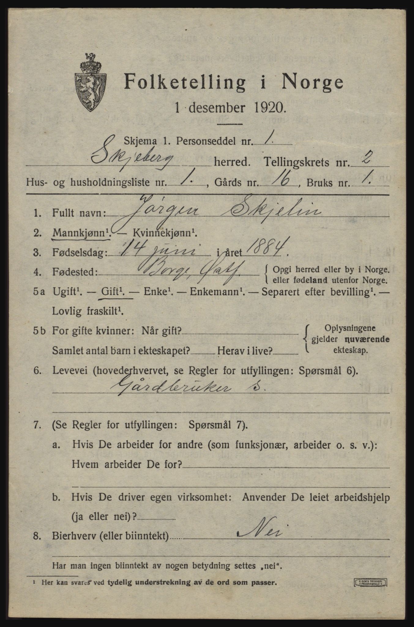 SAO, 1920 census for Skjeberg, 1920, p. 3503