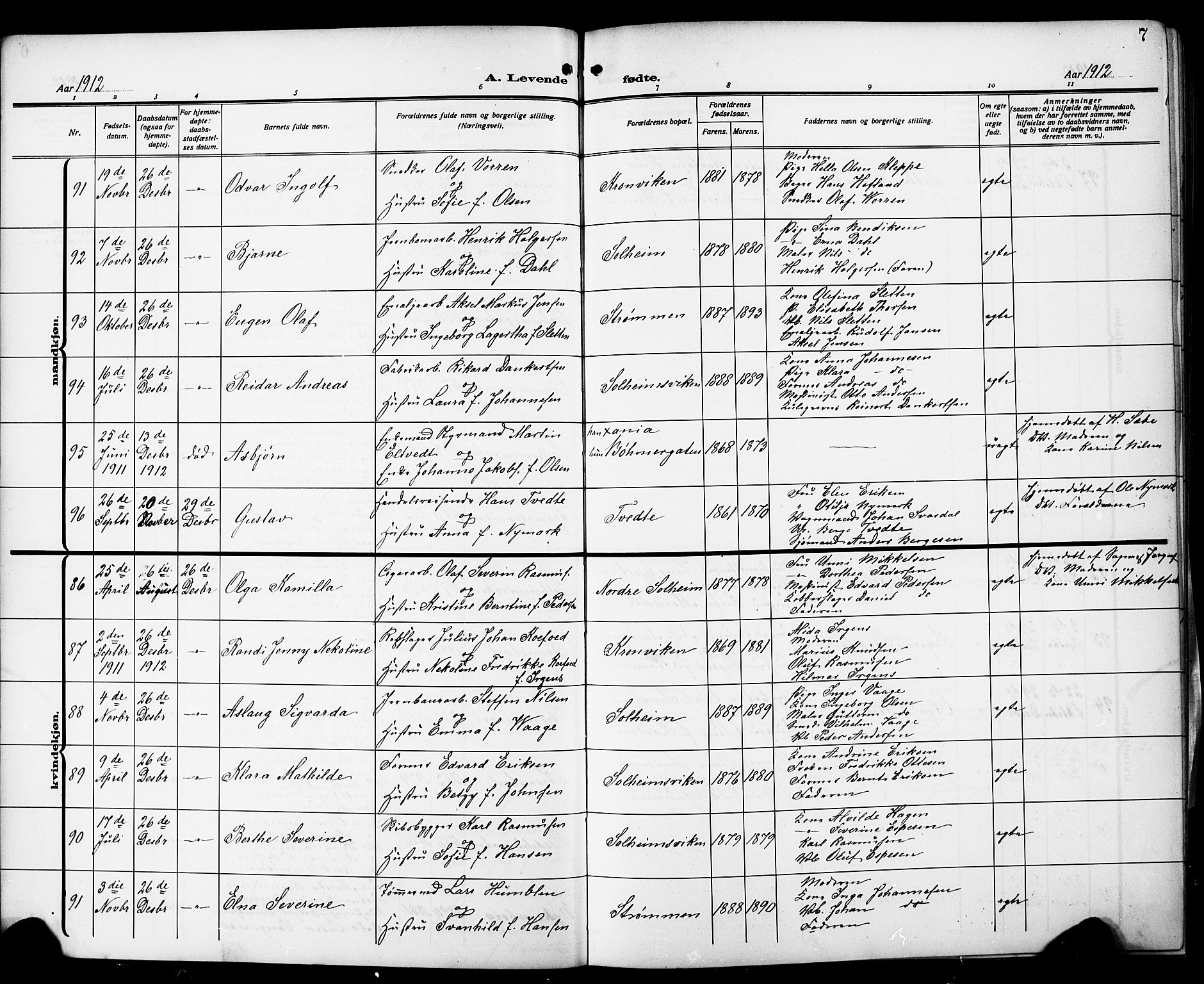 Årstad Sokneprestembete, AV/SAB-A-79301/H/Hab/L0003: Parish register (copy) no. A 3, 1912-1921, p. 7