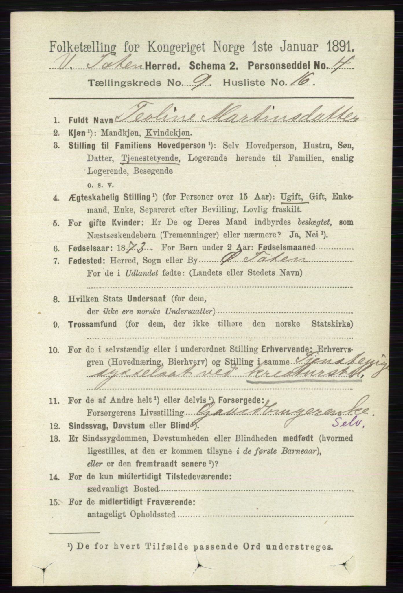 RA, 1891 census for 0529 Vestre Toten, 1891, p. 5655