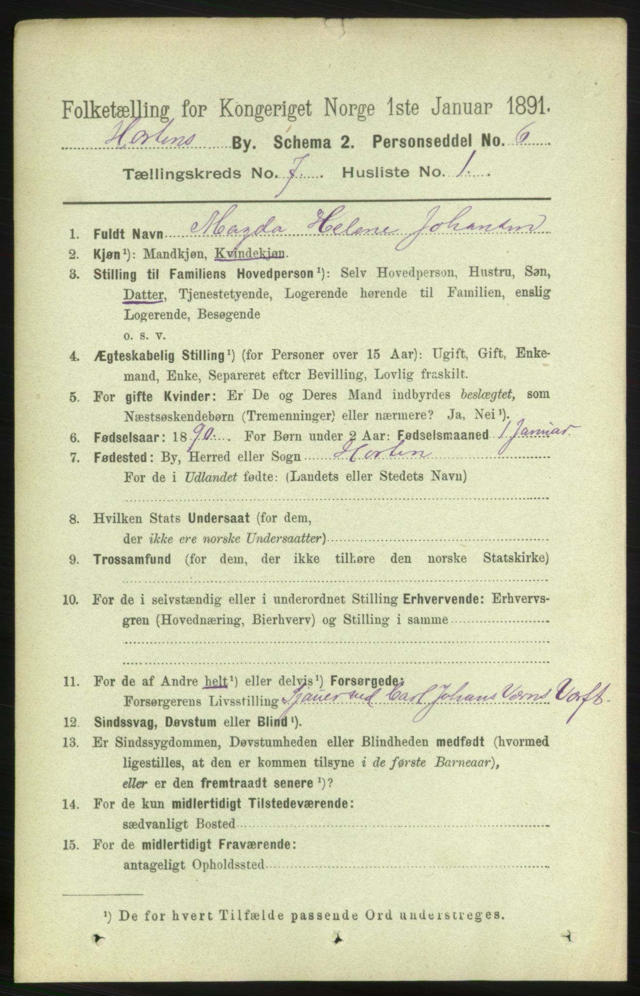 RA, 1891 census for 0703 Horten, 1891, p. 4442