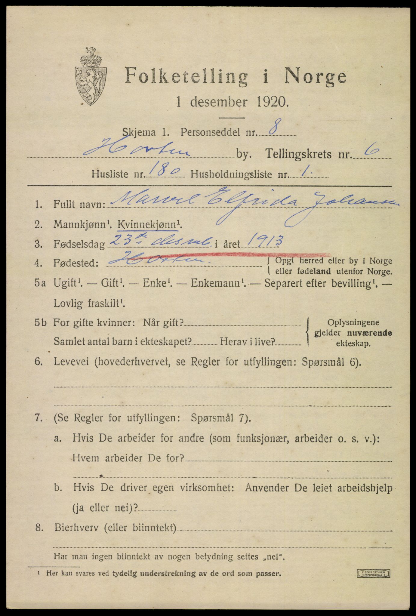 SAKO, 1920 census for Horten, 1920, p. 25439