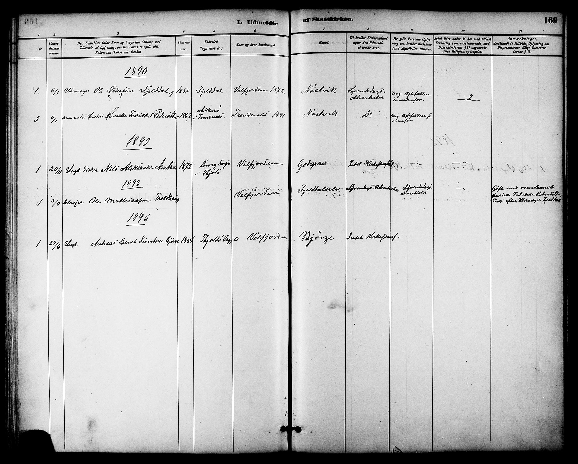 Ministerialprotokoller, klokkerbøker og fødselsregistre - Nordland, SAT/A-1459/814/L0226: Parish register (official) no. 814A07, 1886-1898, p. 169